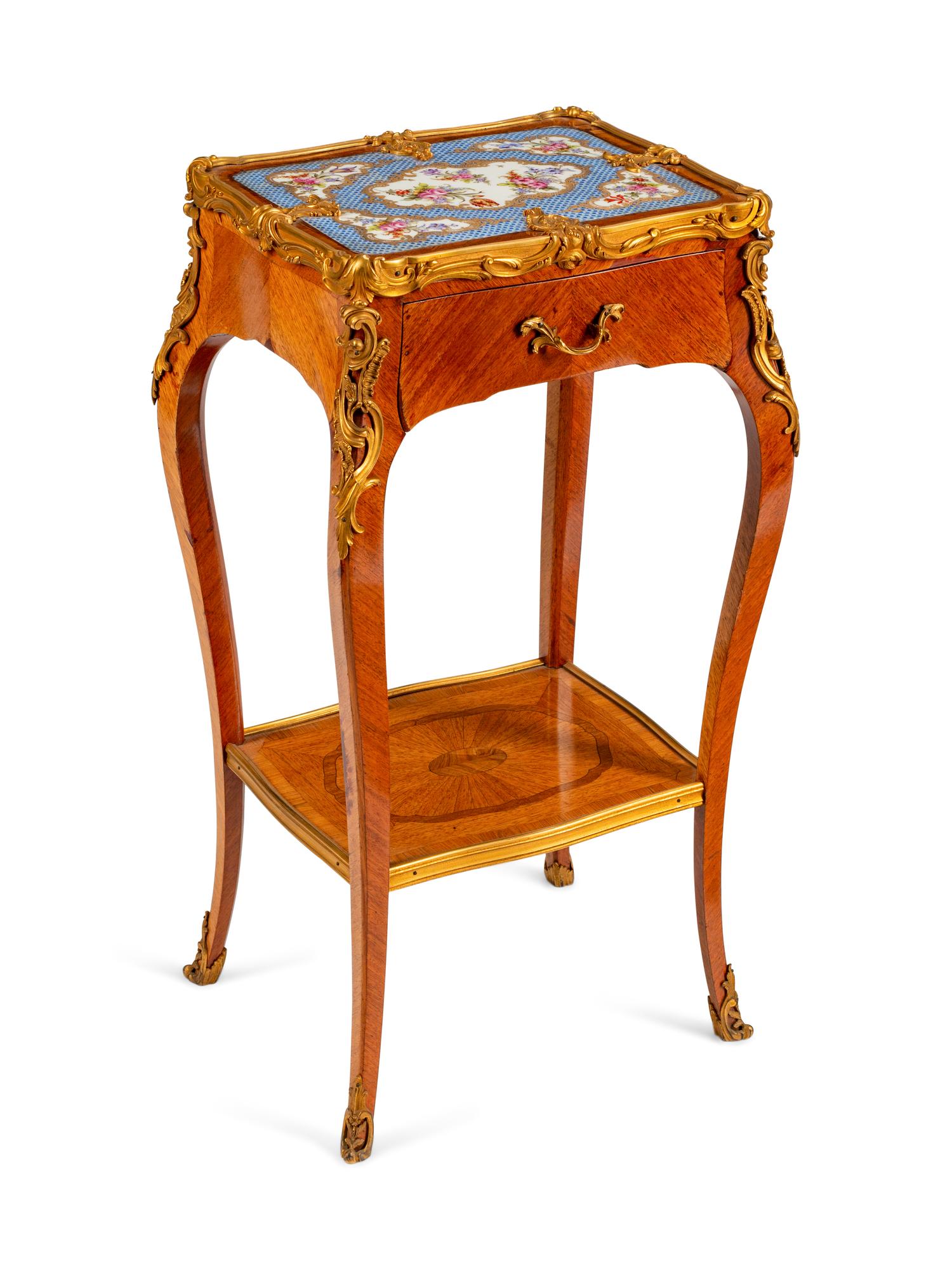 A Louis XV Style Gilt-Bronze and Porcelain-Mounted Kingwood Table en Chiffoniere — LATE 19TH/EARLY 20TH CENTURY