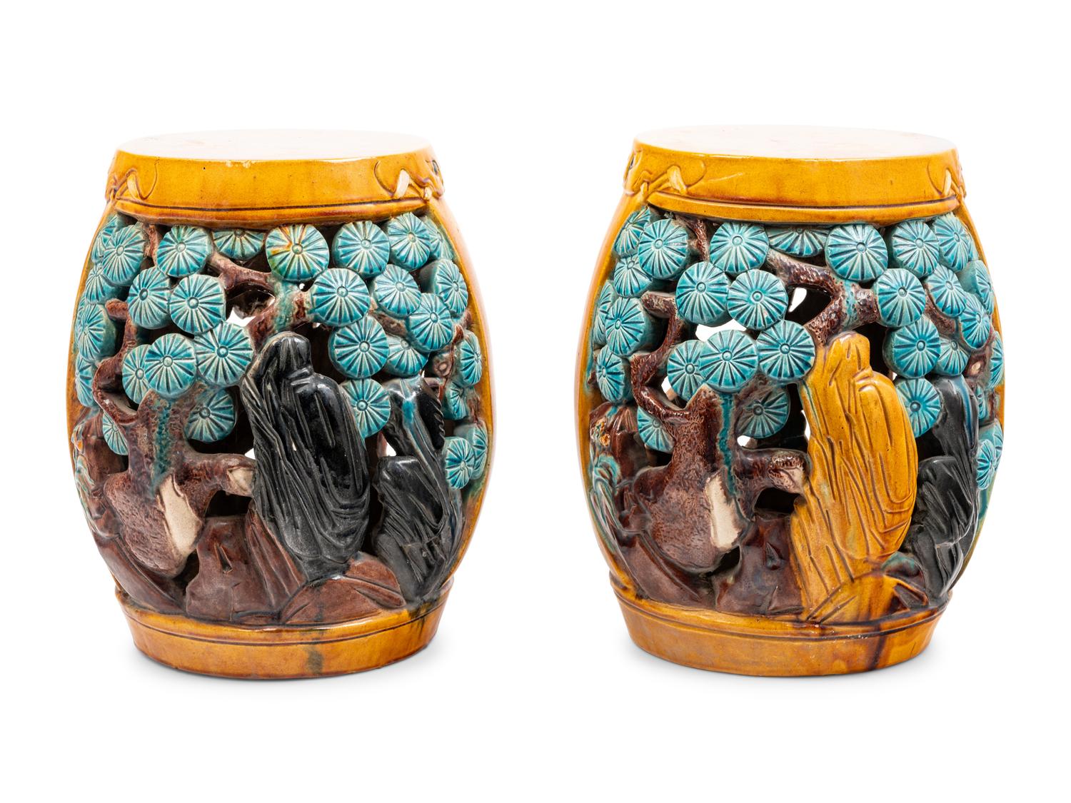 A Pair of Chinese Yellow, Turquoise and Purple Glazed Porcelain Garden Seats