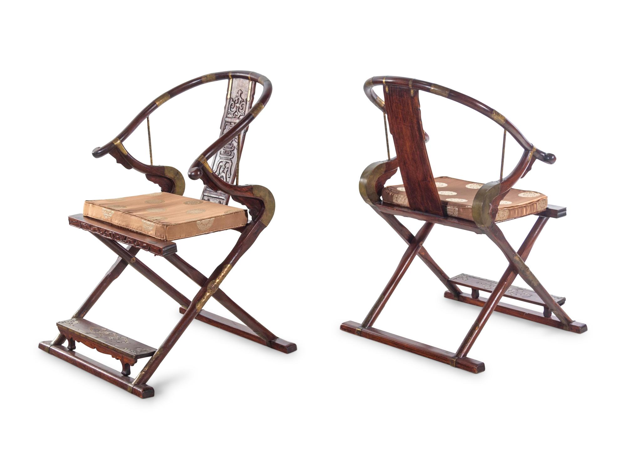 A Pair of Chinese Hardwood Horseshoe-Back Folding Chairs, Jiaoyi