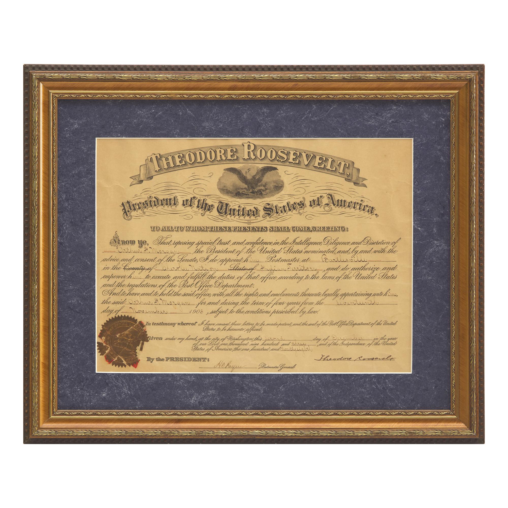 [Presidential] Roosevelt, Theodore. Partially-Printed Document, signed