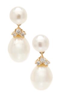 A Pair of 14 Karat Yellow Gold, Diamond and Cultured Pearl Dangle Earrings, 2.90 dwts.