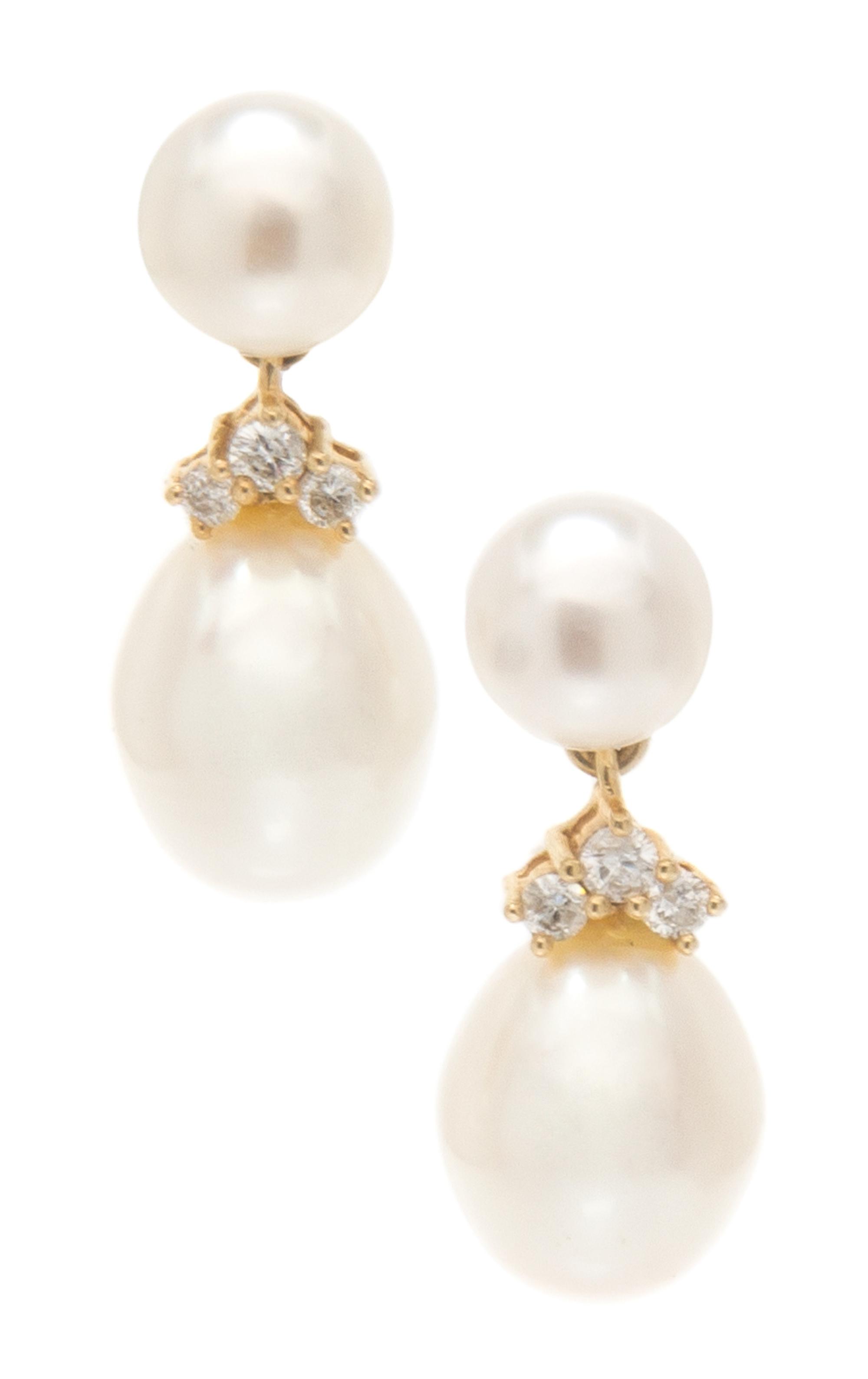 A Pair of 14 Karat Yellow Gold, Diamond and Cultured Pearl Dangle Earrings, 2.90 dwts.