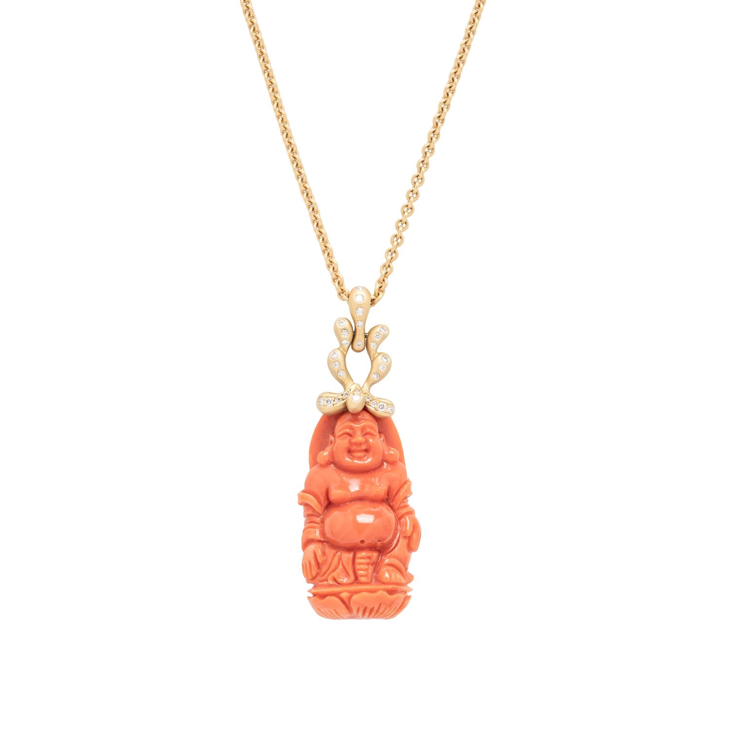 DONALD HUBER, CORAL AND DIAMOND BUDDHA PENDANT/NECKLACE