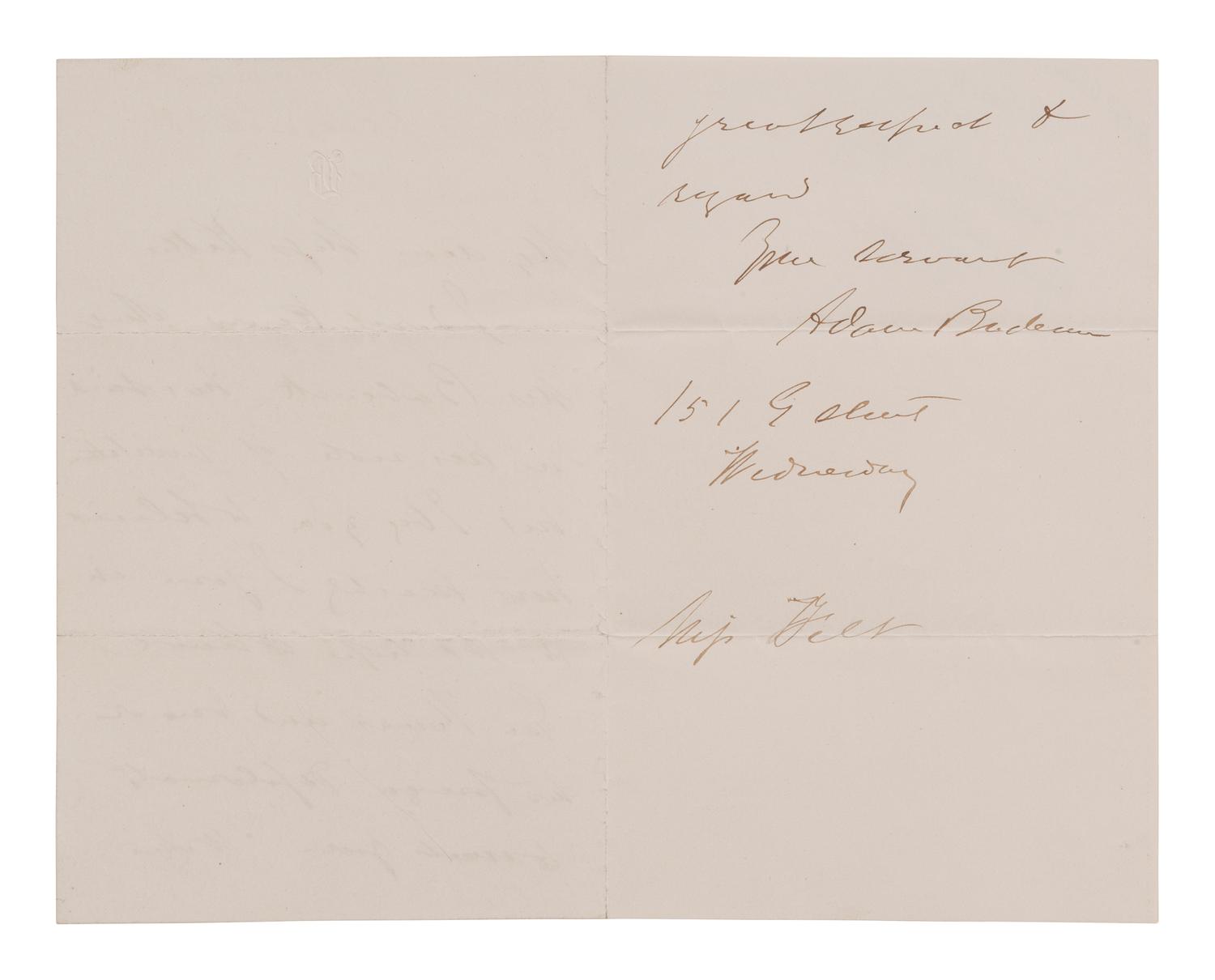 [CIVIL WAR]. BADEAU, Adam (1831-1895). ALS to Miss Kittie Hilt. [Washington, DC], n.d.