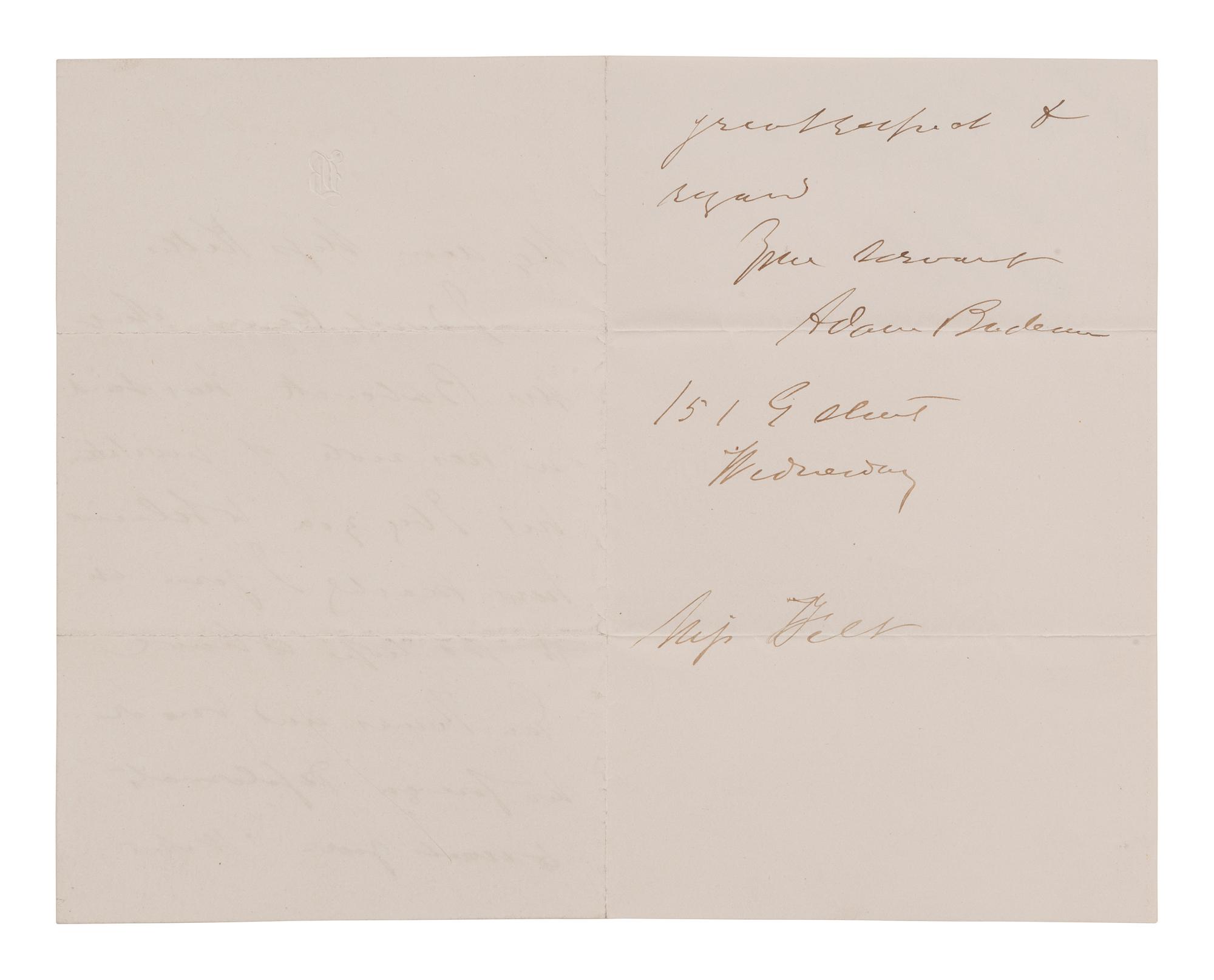 [CIVIL WAR]. BADEAU, Adam (1831-1895). ALS to Miss Kittie Hilt. [Washington, DC], n.d.