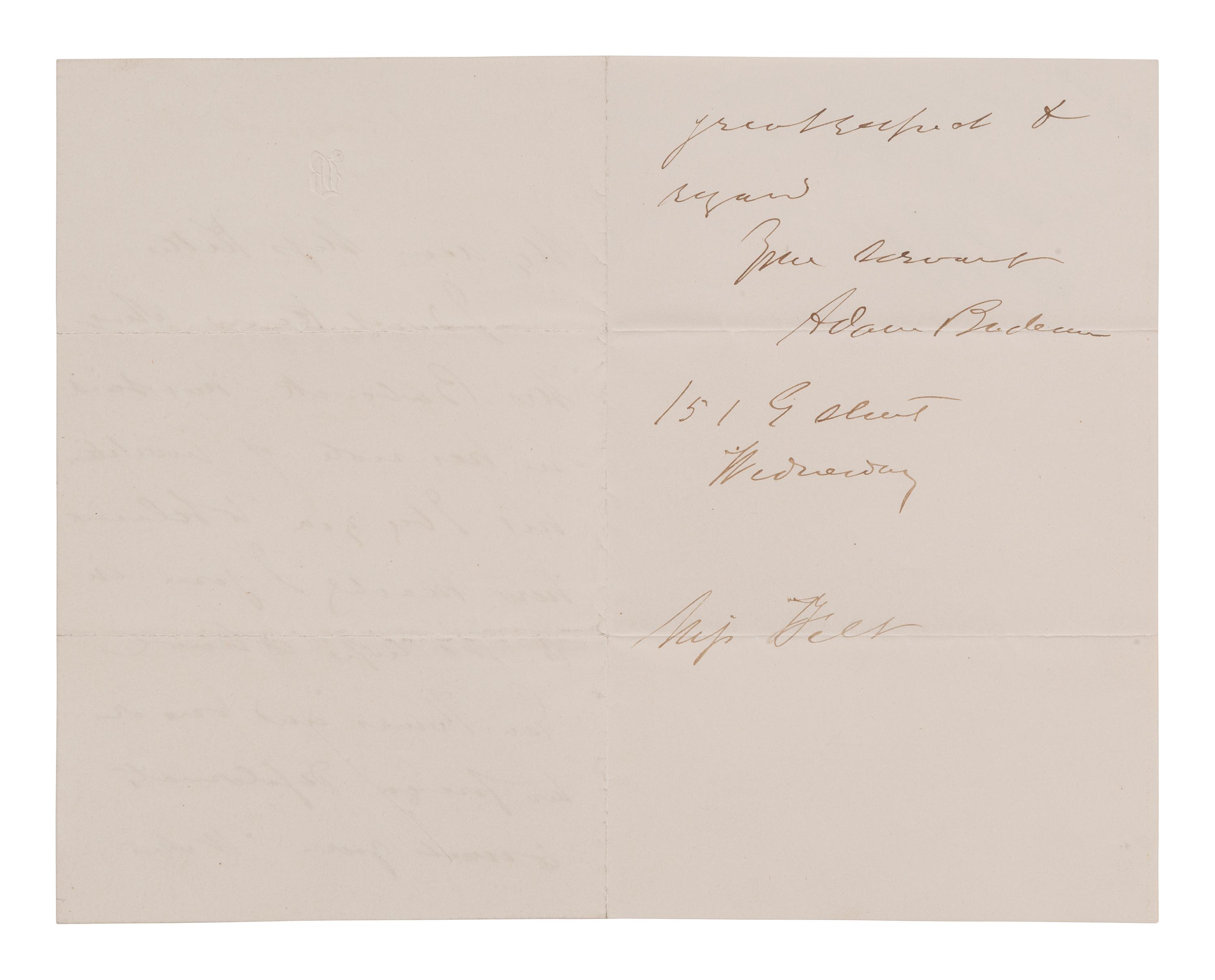 [CIVIL WAR]. BADEAU, Adam (1831-1895). ALS to Miss Kittie Hilt. [Washington, DC], n.d.