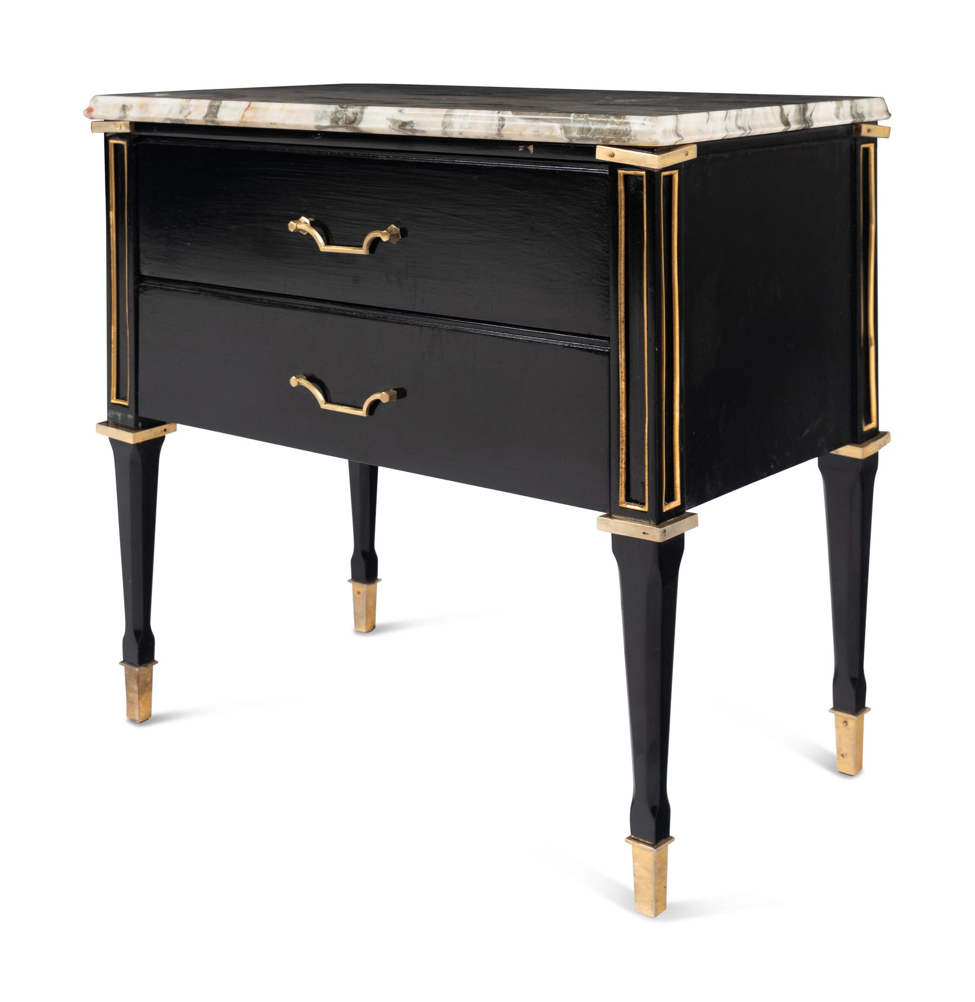 A Pair of Gilt Metal Mounted Ebonized Side Chests or Bedside Tables in the Style of Maison Jansen