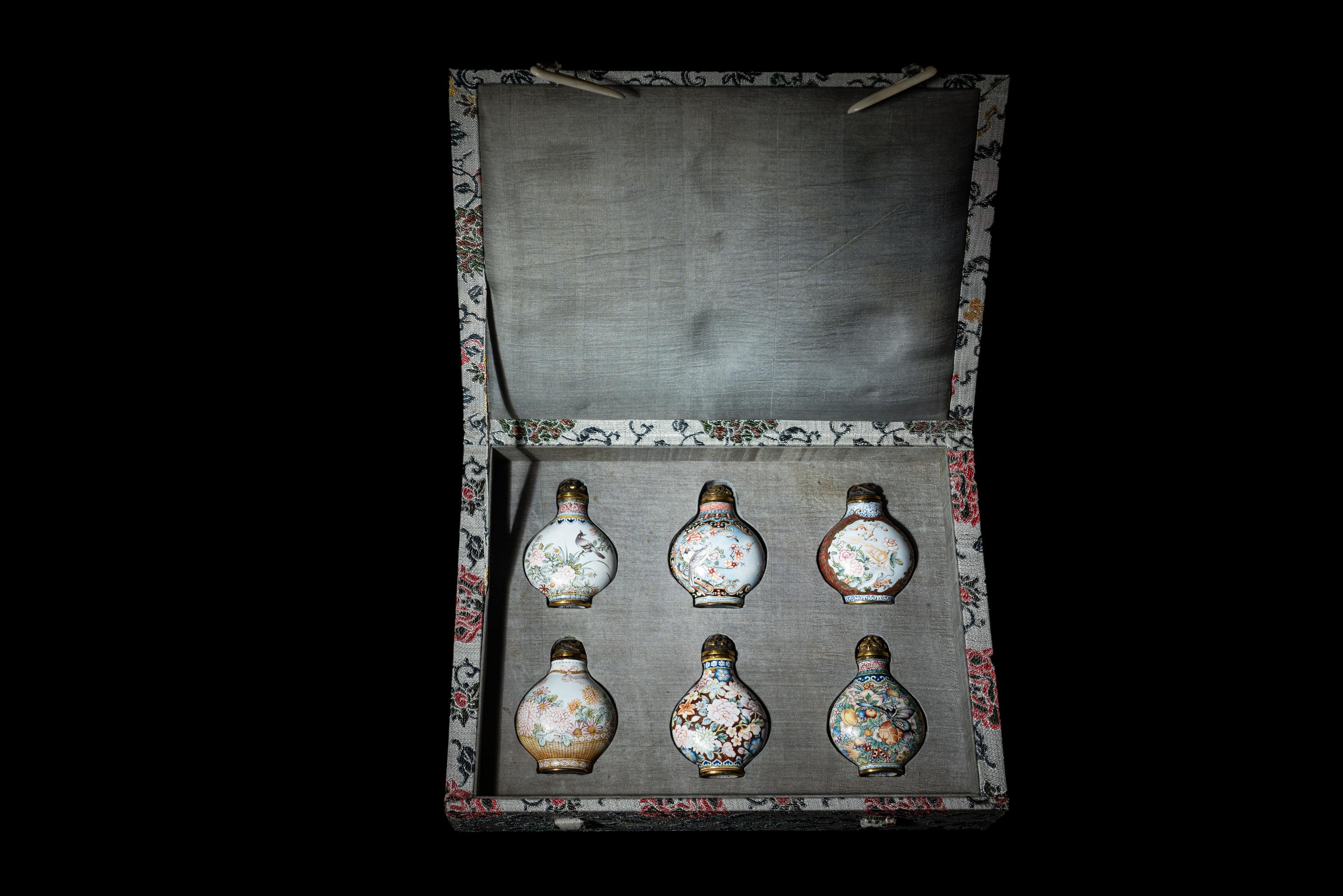 A Set of Six Peking Enamel on Copper Snuff Bottles