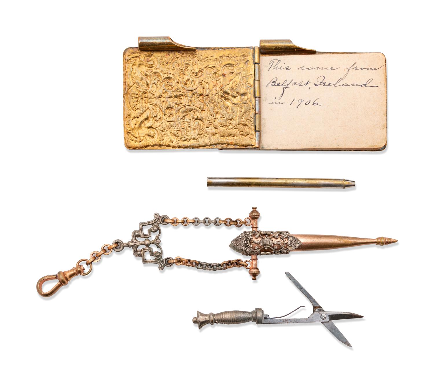 A Collection of Silver Chatelaine Articles, Needlework Scissors and Other Tools