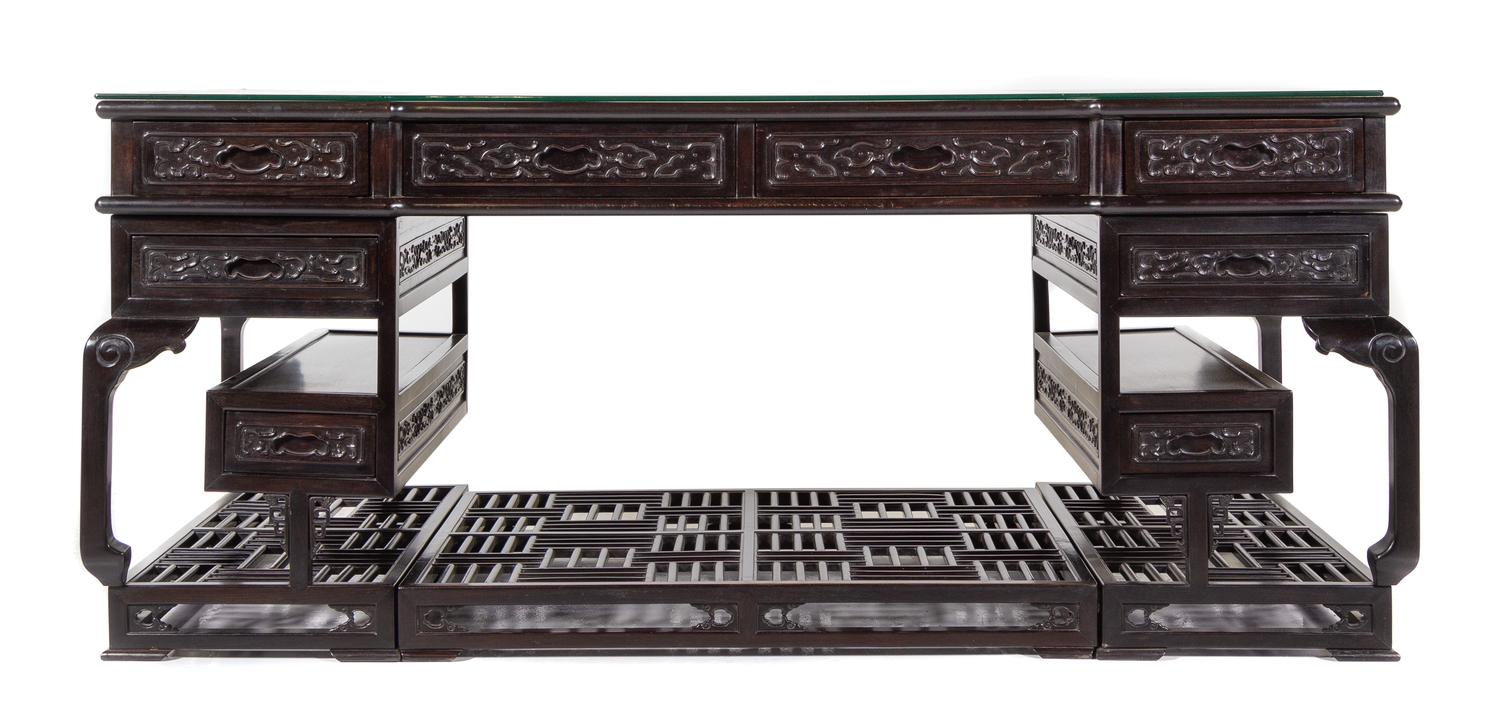 A Large Hardwood Writing Desk Height 32 1/2 x width 75 1/2 x depth 34 1/2 inches. — 19TH/EARLY 20TH CENTURY
