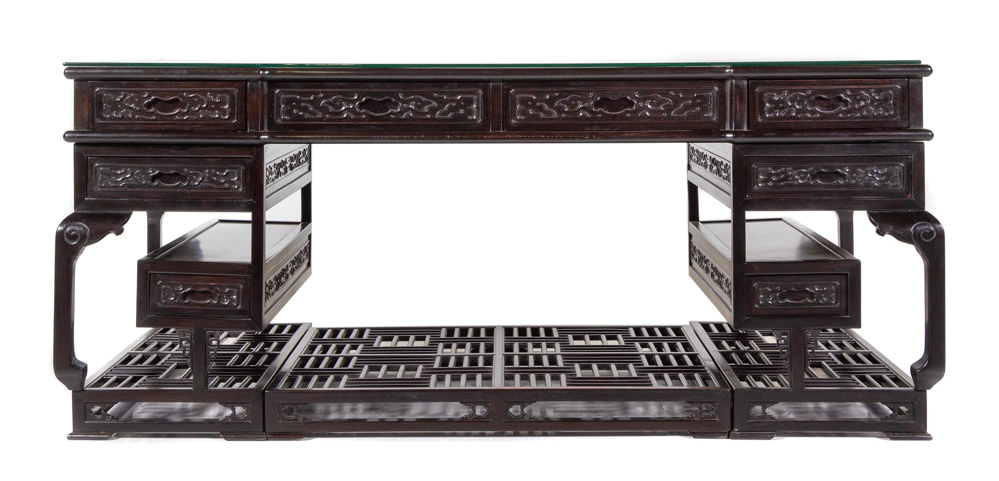 A Large Hardwood Writing Desk Height 32 1/2 x width 75 1/2 x depth 34 1/2 inches. — 19TH/EARLY 20TH CENTURY