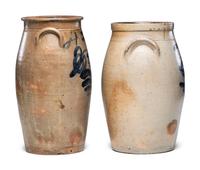 Two Four-Gallon Cobalt Decorated Stoneware Crocks