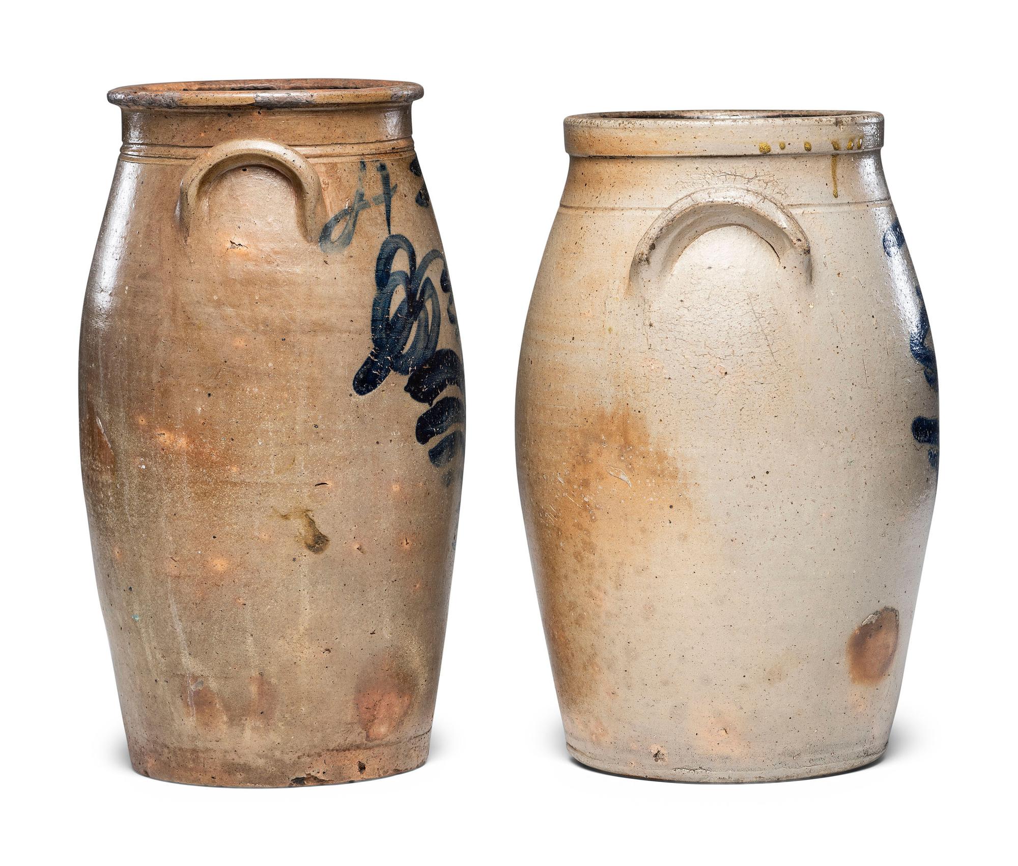 Two Four-Gallon Cobalt Decorated Stoneware Crocks