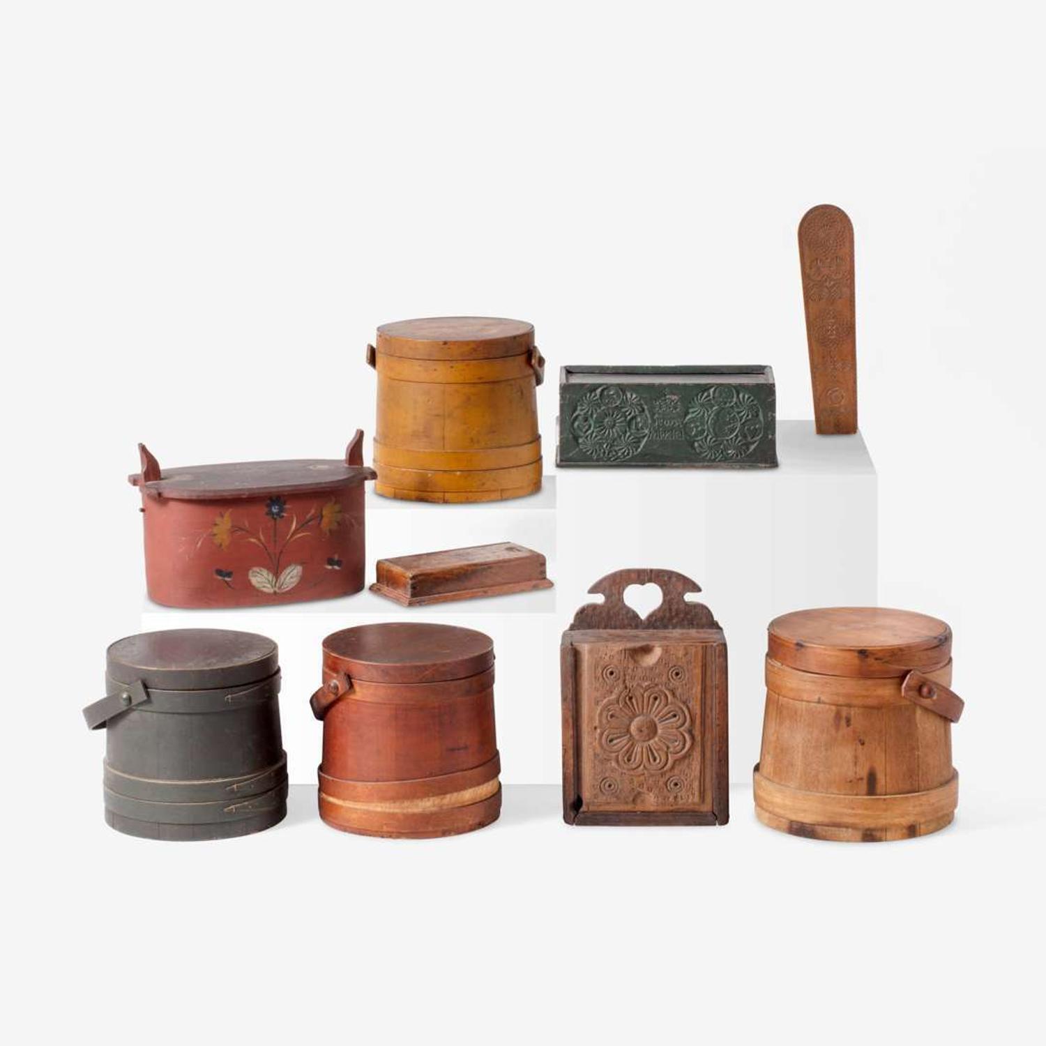 An assorted collection of nine carved and paint-decorated boxes and busk; American and Northern European, 18th / 19th century