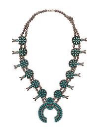 Silver and Turquoise Cluster Squash Blossom Necklace Suite