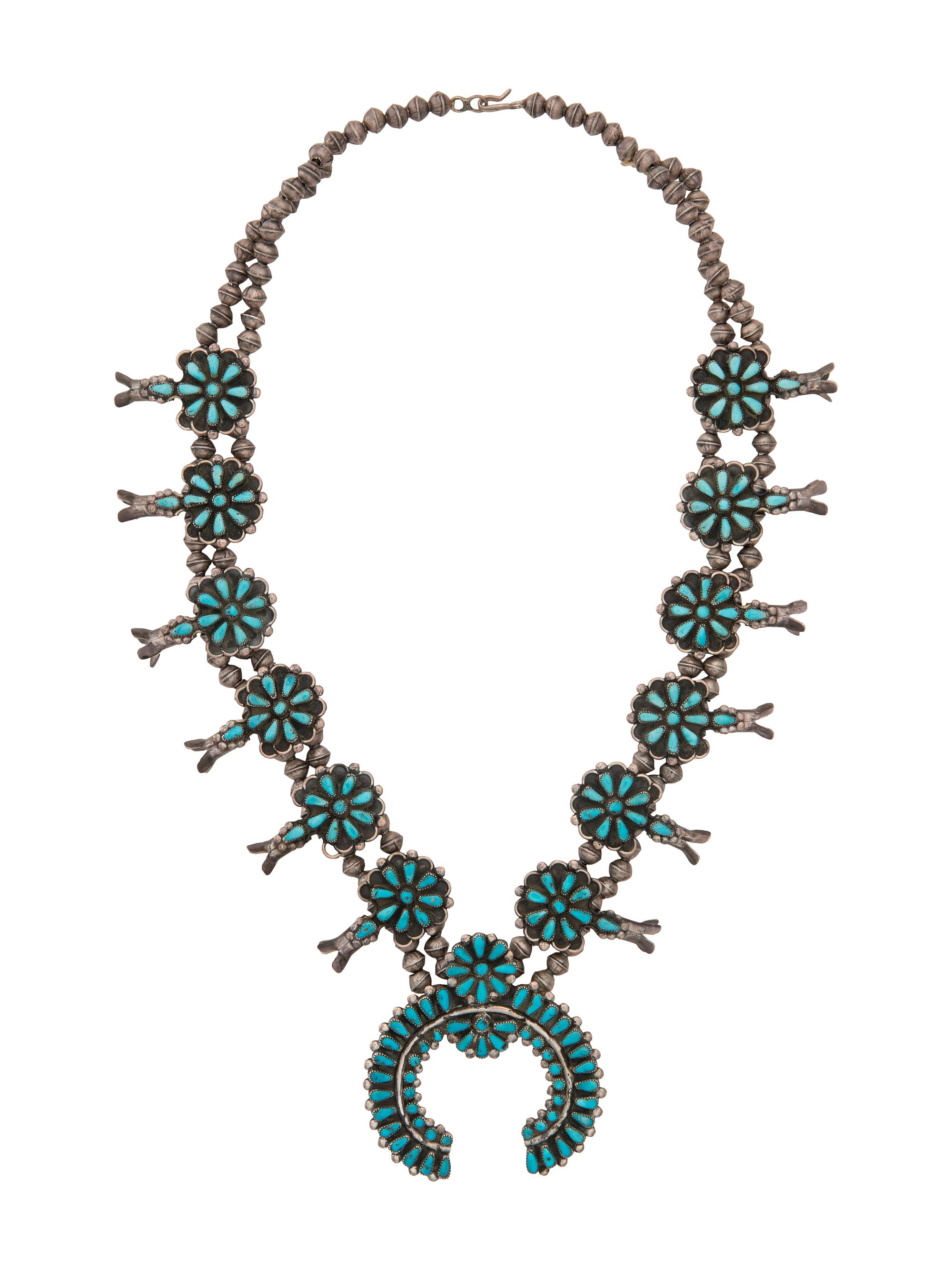 Silver and Turquoise Cluster Squash Blossom Necklace Suite