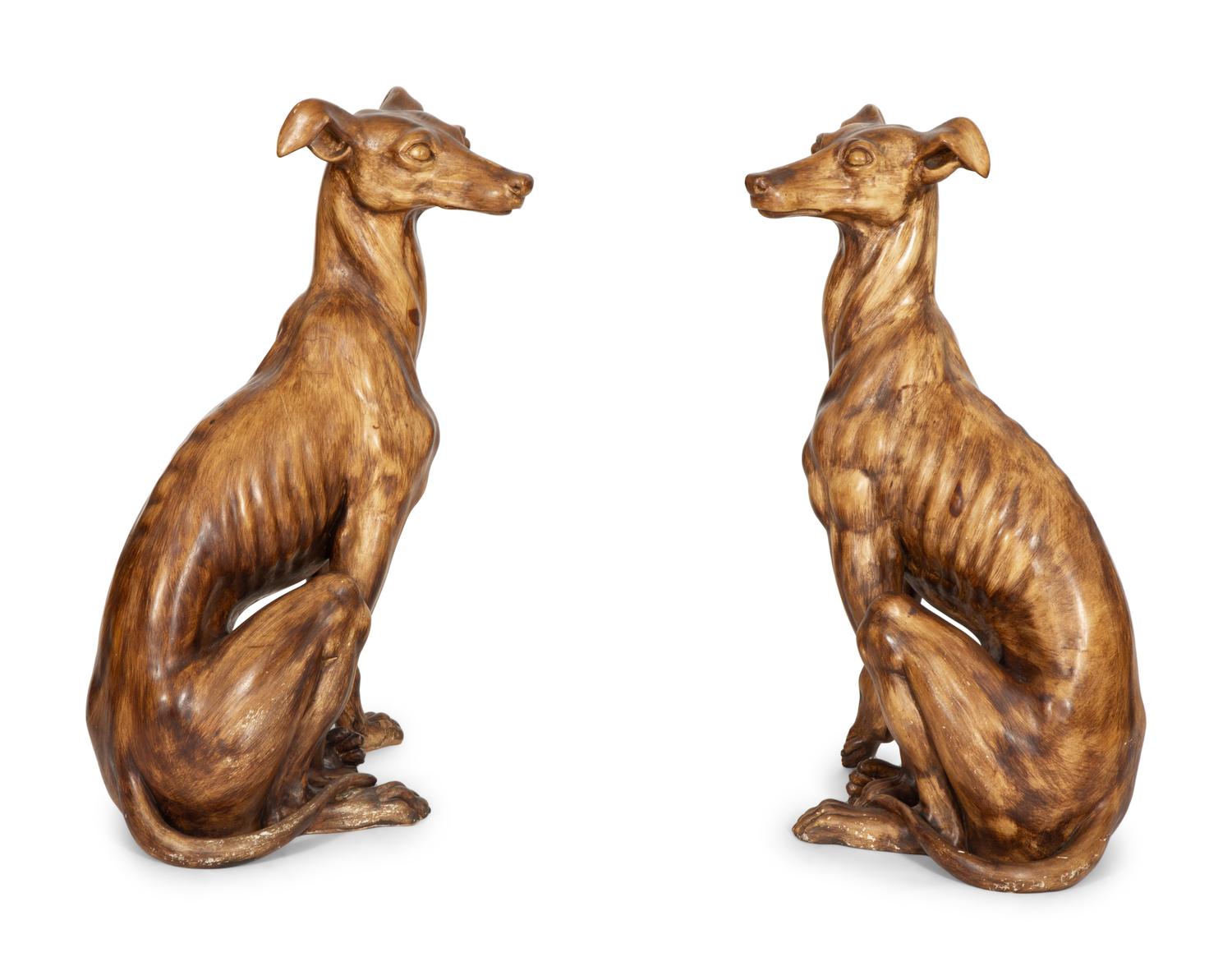 A Pair of Italian Grain-Painted Carved Wood Greyhounds