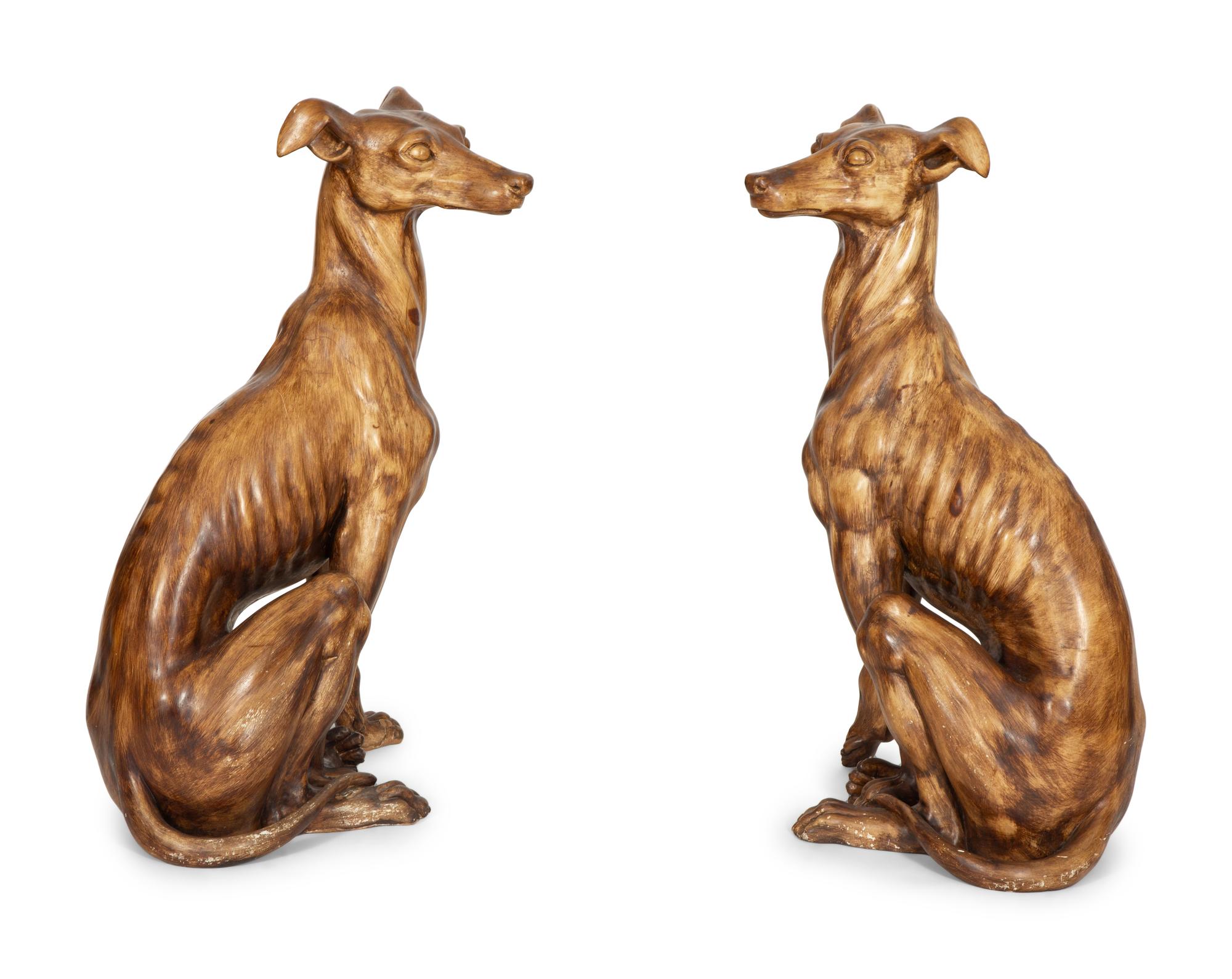 A Pair of Italian Grain-Painted Carved Wood Greyhounds