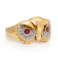 Diamond, Ruby, and Yellow Gold Owl Ring