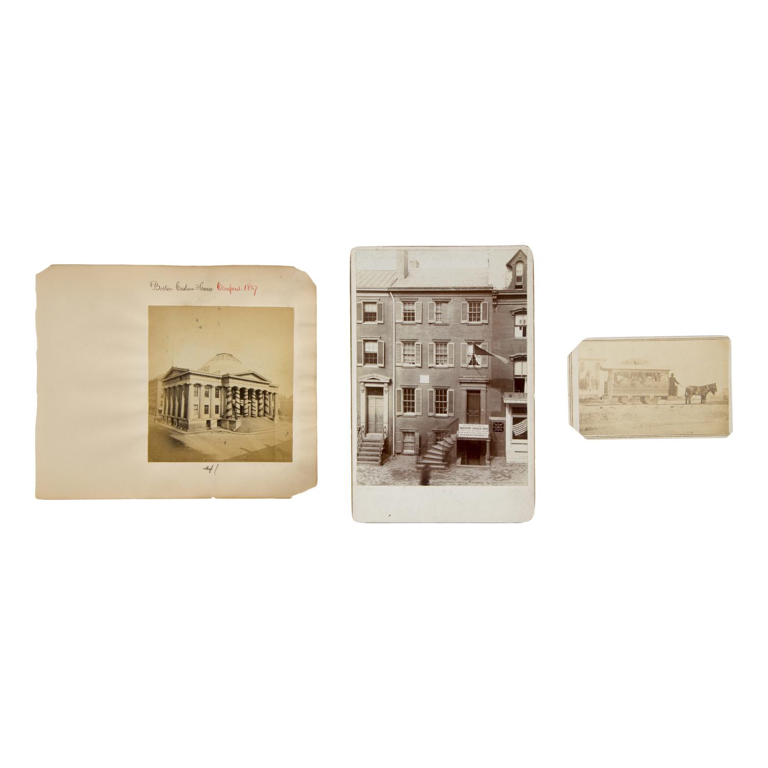 [Lincoln, Abraham]. A group of 13 photos related to Lincoln, his death, and funeral, including buildings draped in mourning.
