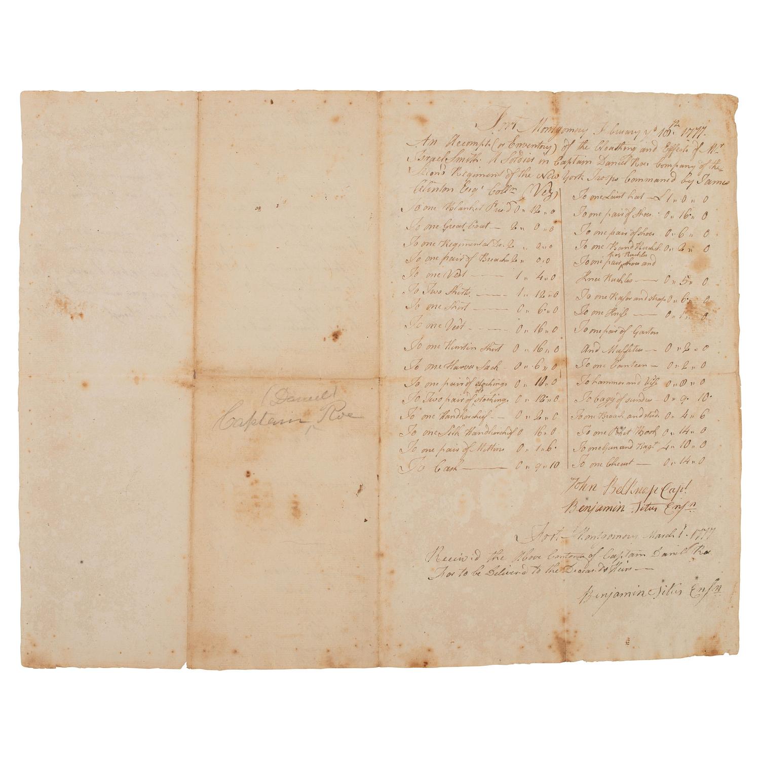 [REVOLUTIONARY WAR]. "An Recompts (or Enventory) of the Cloathing and Effects of Mr. Israel Smith...." Fort Montgomery, [New York]. 18 February 1777.