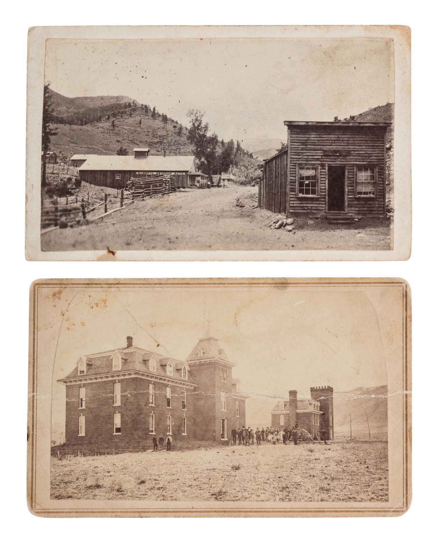 [COLORADO]. CHAMBERLAIN, W.G., photographer. A group of 2 CDVs incl. views of the Colorado School of Mines, Golden, and Mammoth Swimming Bath, Idaho Springs. Denver, CO: ca 1860s.