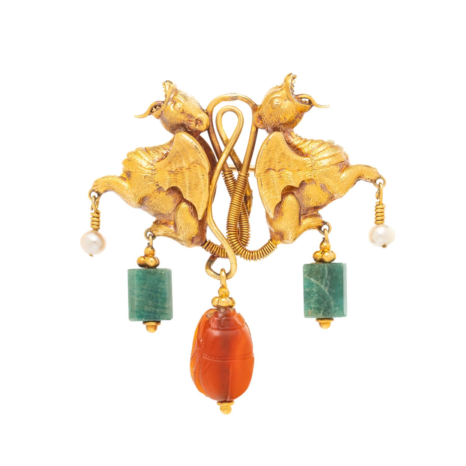 ANTIQUE, YELLOW GOLD AND MULTIGEM GRIFFIN BROOCH