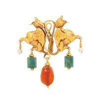 ANTIQUE, YELLOW GOLD AND MULTIGEM GRIFFIN BROOCH
