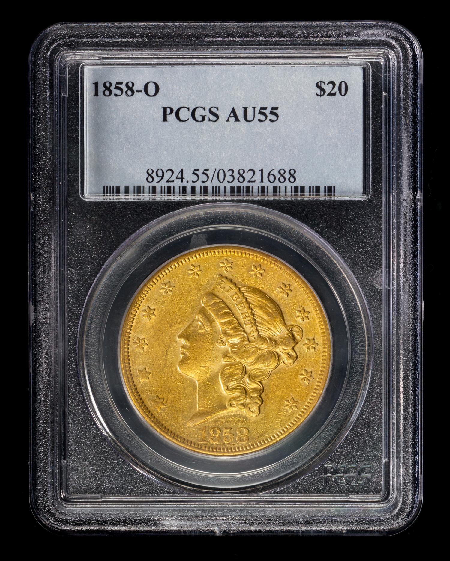 A United States 1858-O Liberty Head $20 Gold Coin