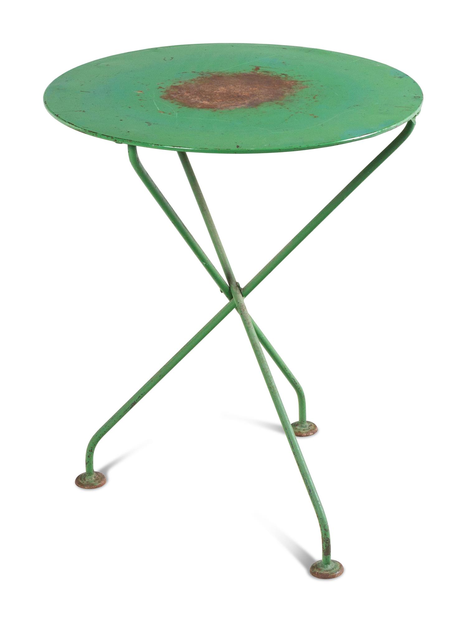 A Green Painted Metal and Wood Bistro Table and Two Chairs