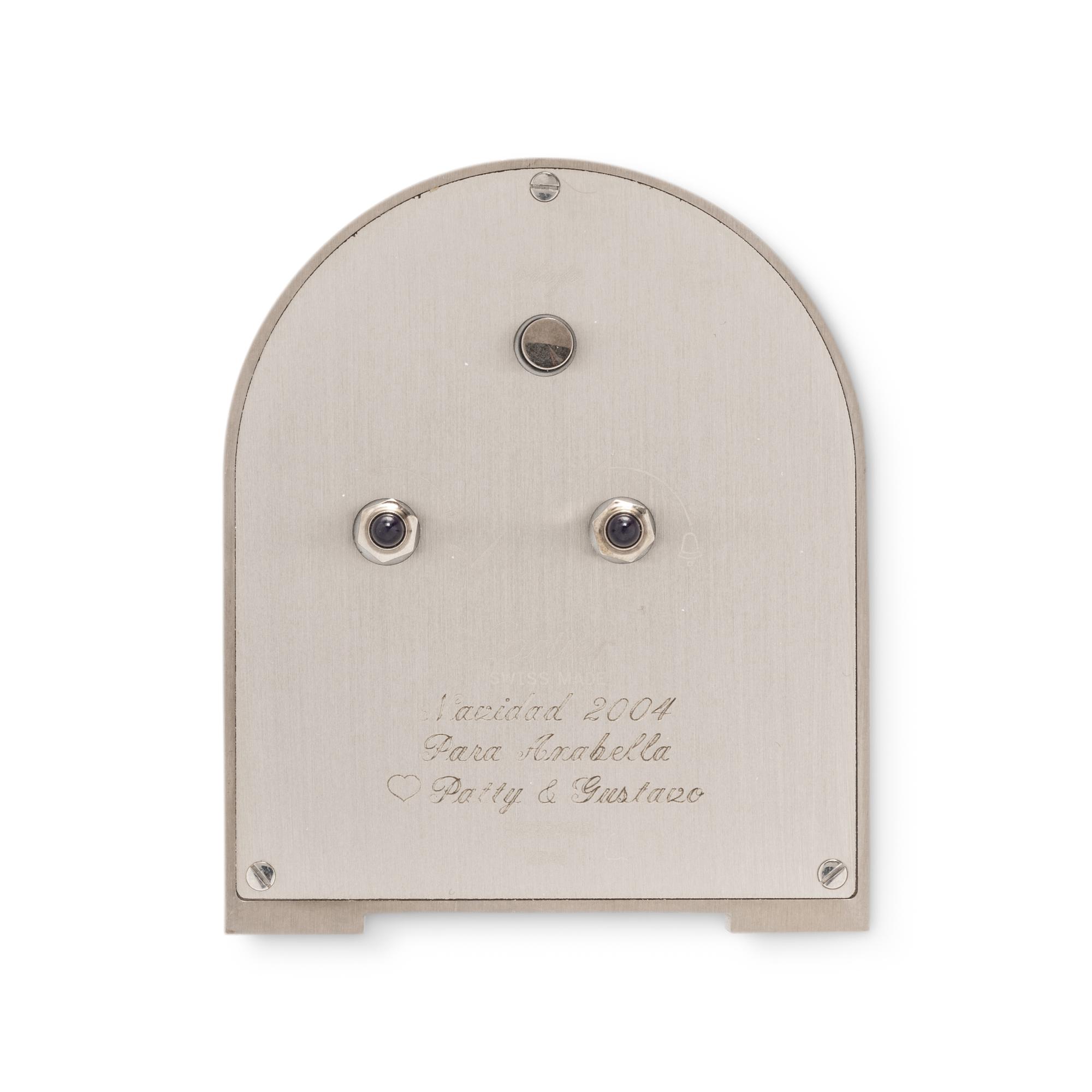 CARTIER, STAINLESS STEEL AND GUILLOCHE ENAMEL DESK CLOCK