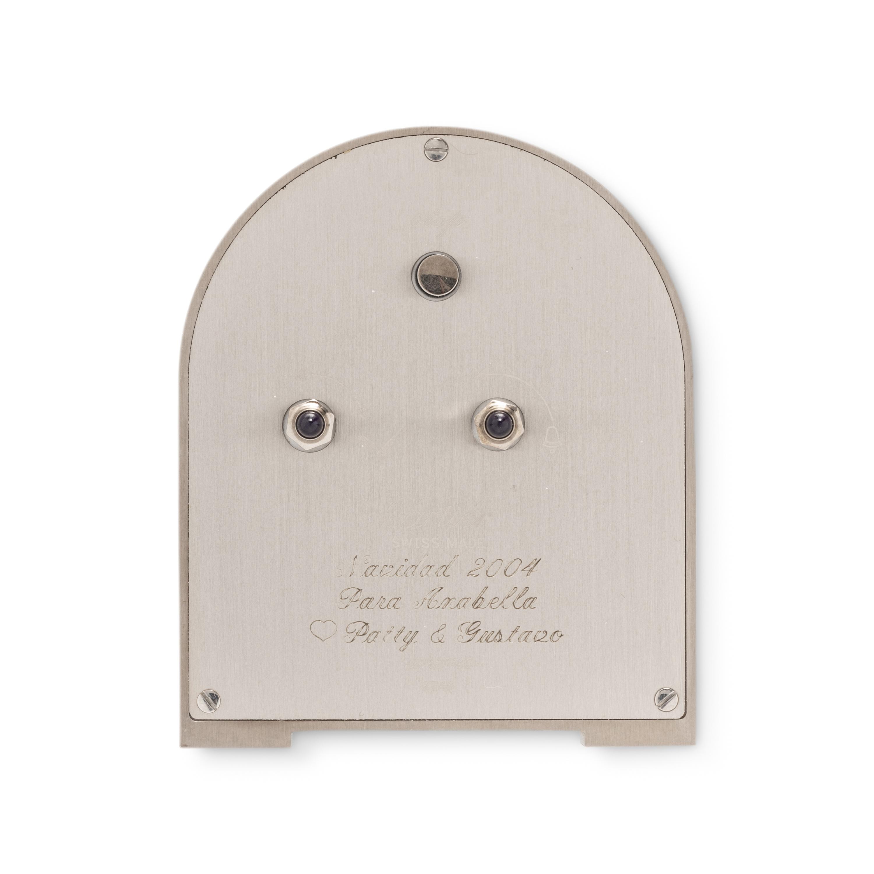 CARTIER, STAINLESS STEEL AND GUILLOCHE ENAMEL DESK CLOCK