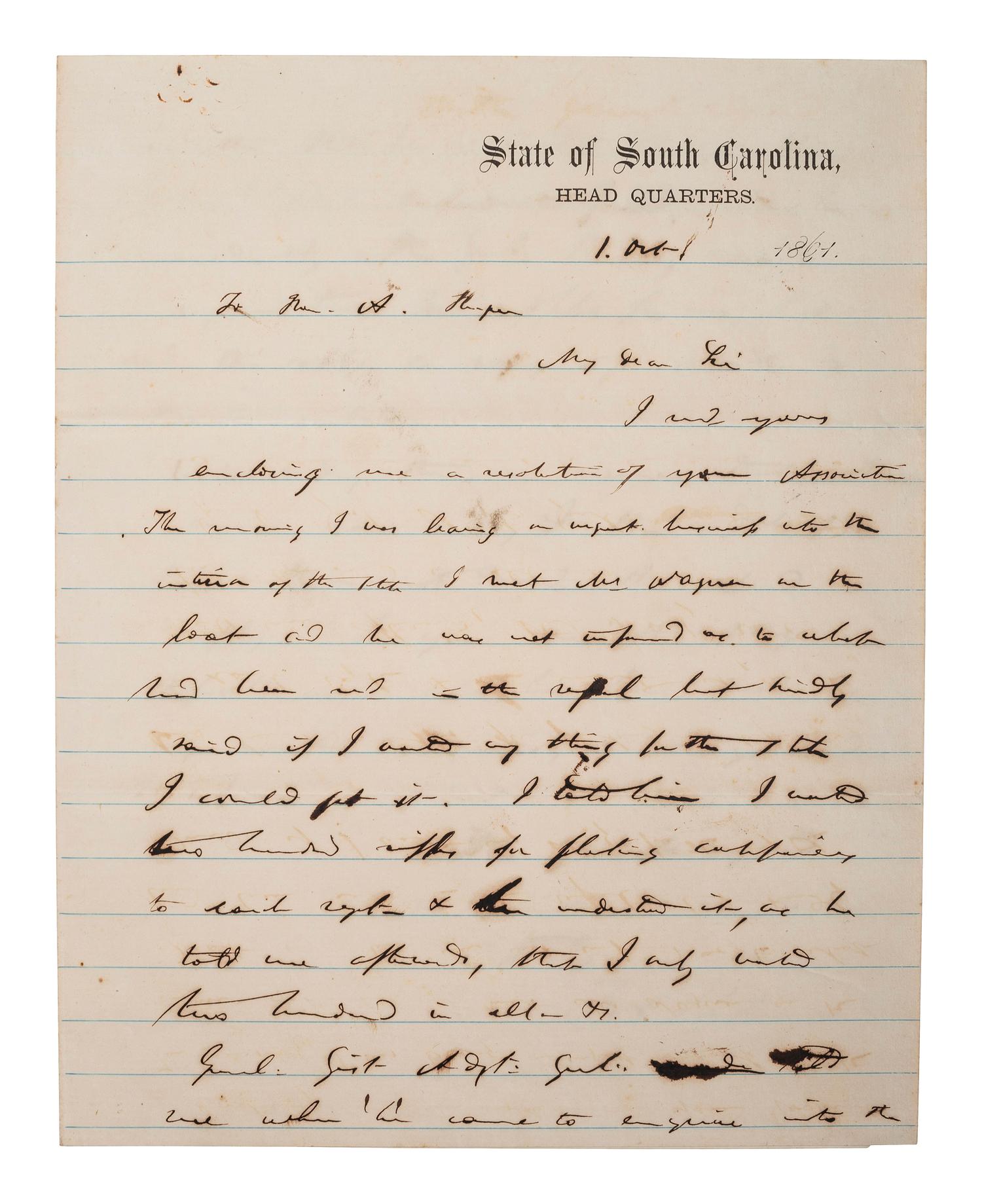 PICKENS, Governor Francis W. (1805-1869). Autograph letter signed as Governor of South Carolina.