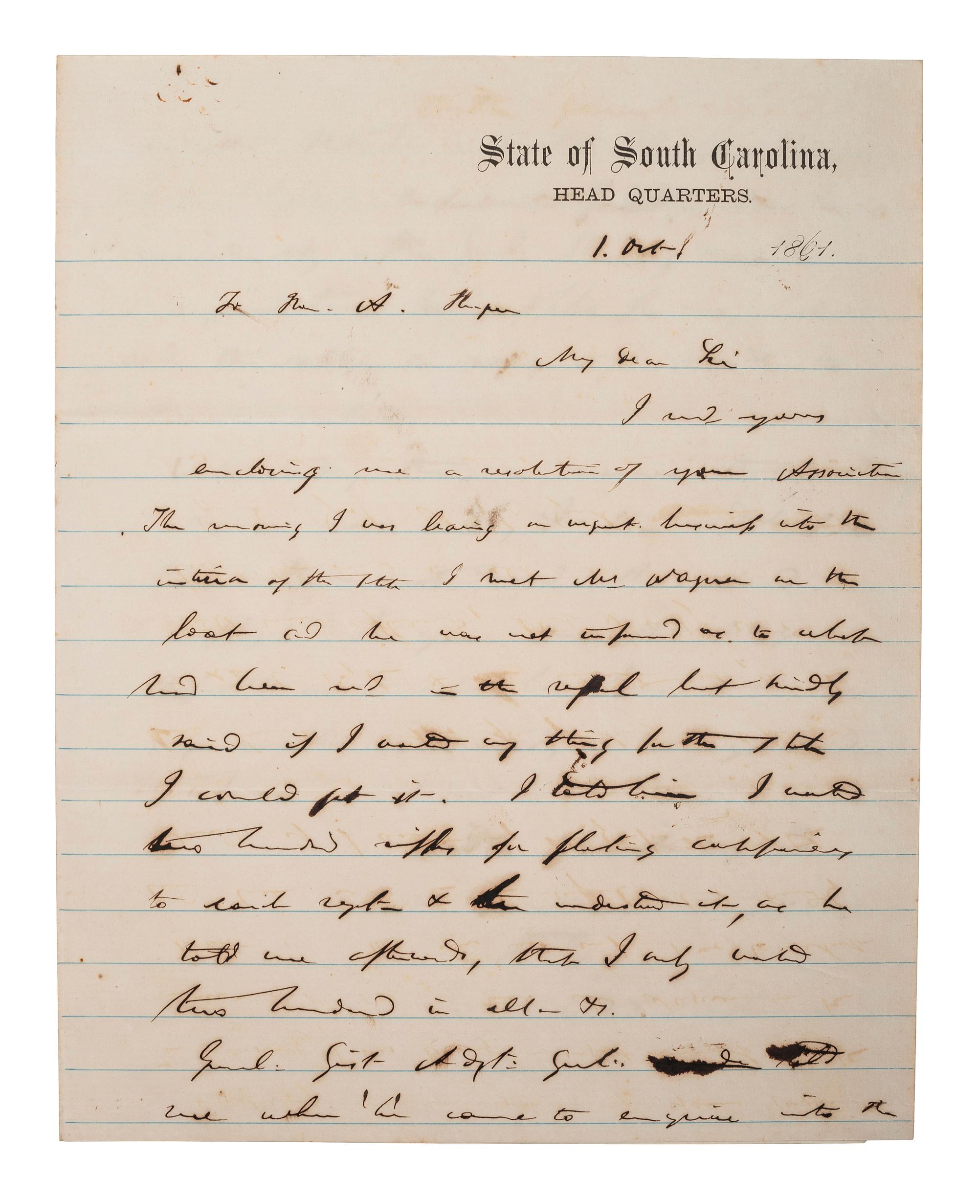 PICKENS, Governor Francis W. (1805-1869). Autograph letter signed as Governor of South Carolina.