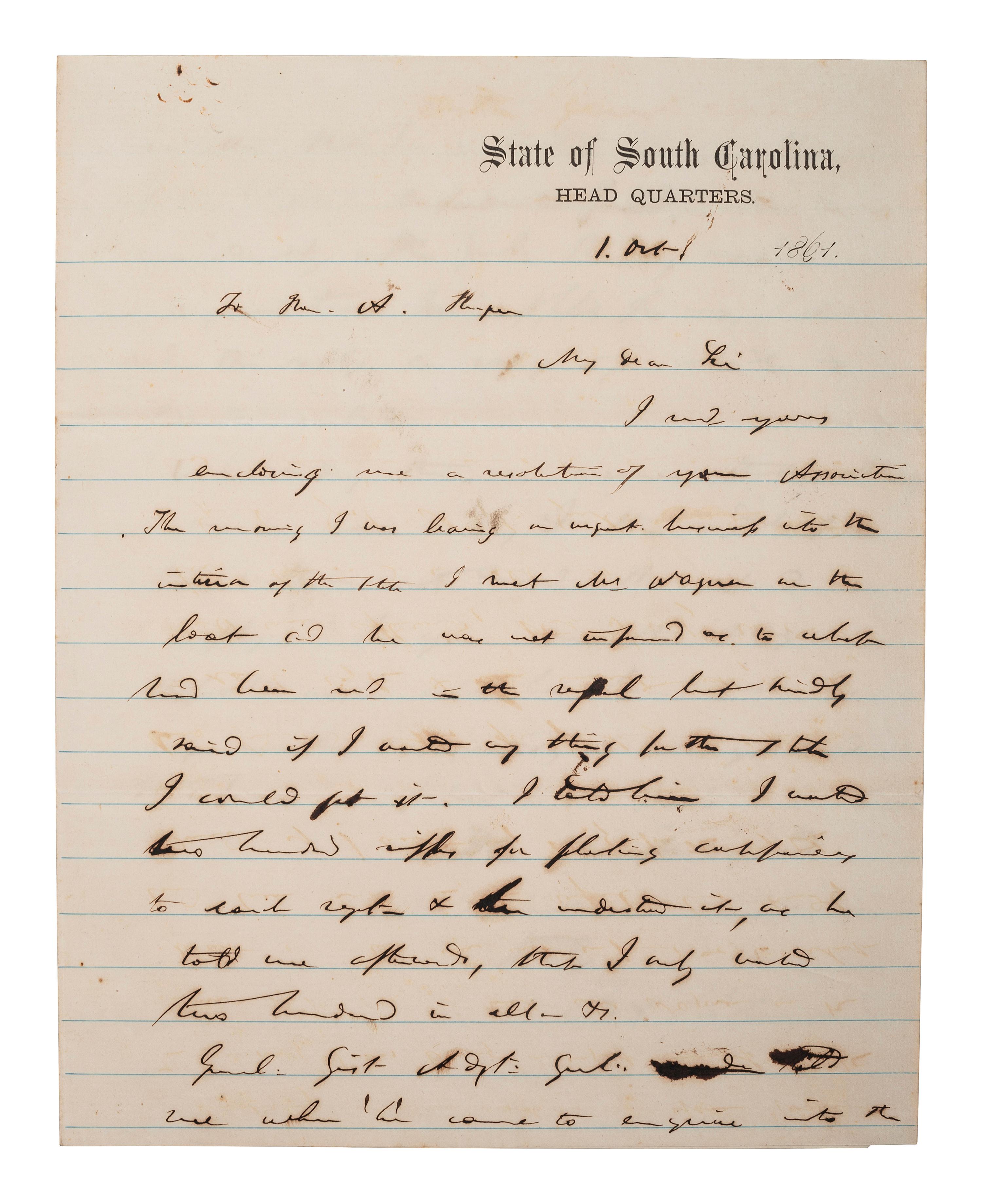PICKENS, Governor Francis W. (1805-1869). Autograph letter signed as Governor of South Carolina.