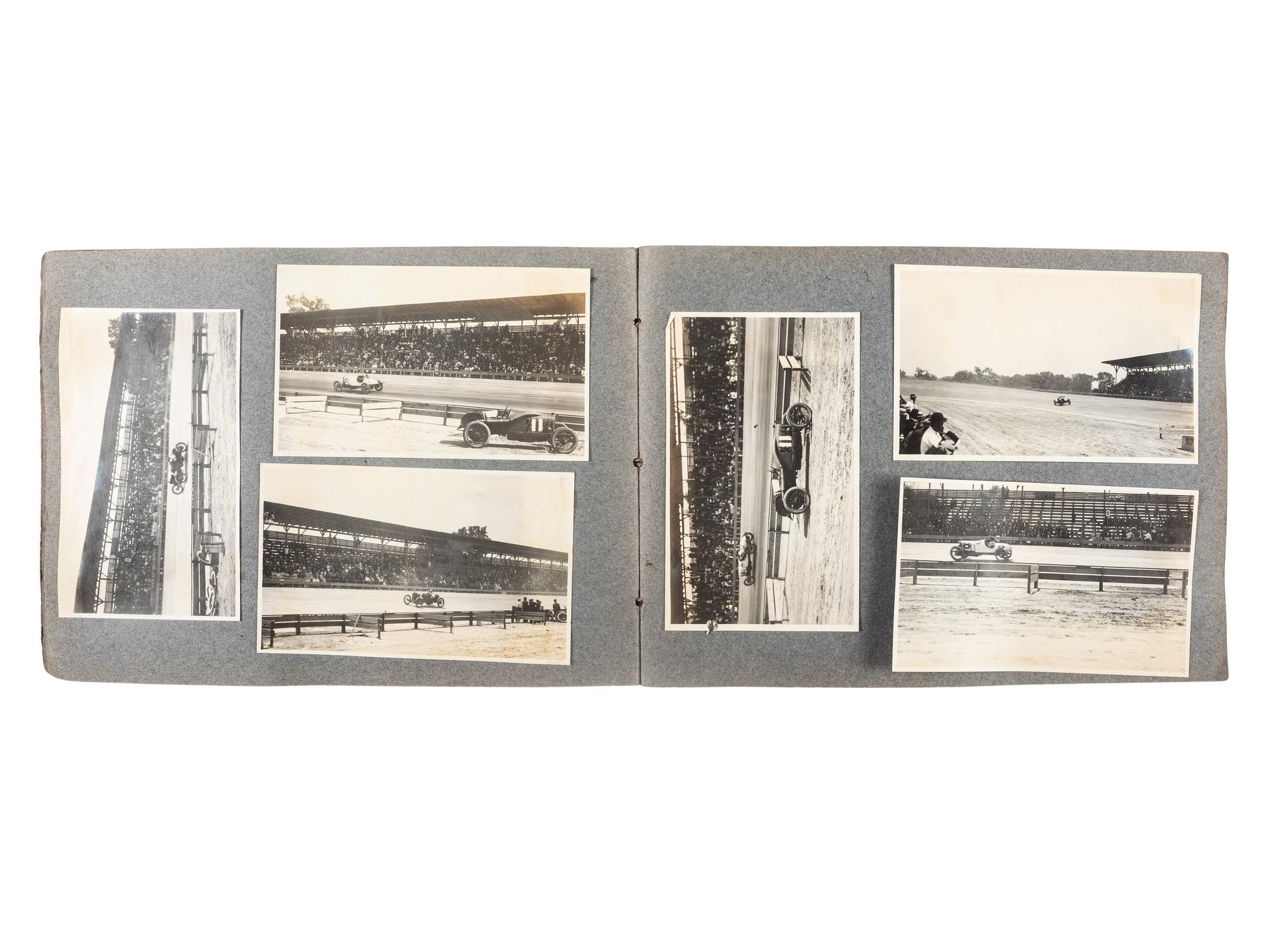 [EARLY PHOTOGRAPHY]. Album containing photographs of an early NASCAR race featuring future World War I Fighting Ace Eddie Rickenbacker.