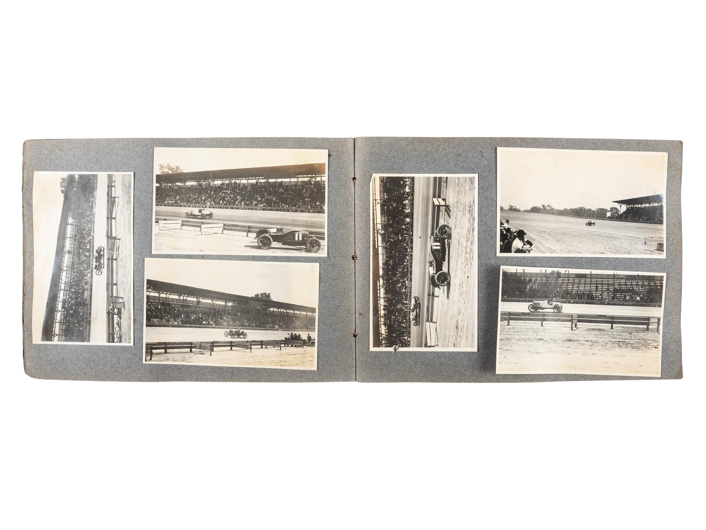 [EARLY PHOTOGRAPHY]. Album containing photographs of an early NASCAR race featuring future World War I Fighting Ace Eddie Rickenbacker.