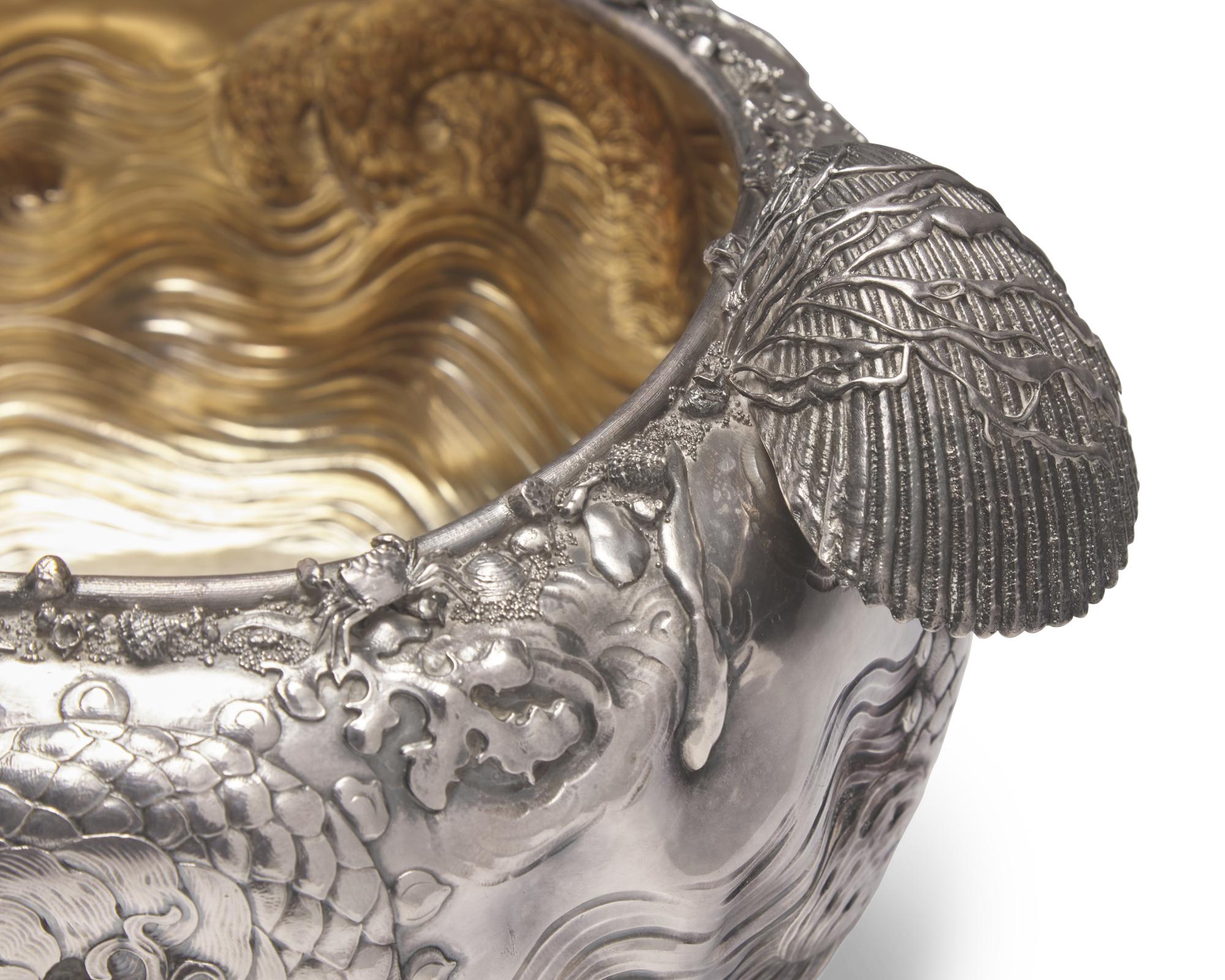 A Rare and Monumental Sterling Silver Japonesque Punch Bowl