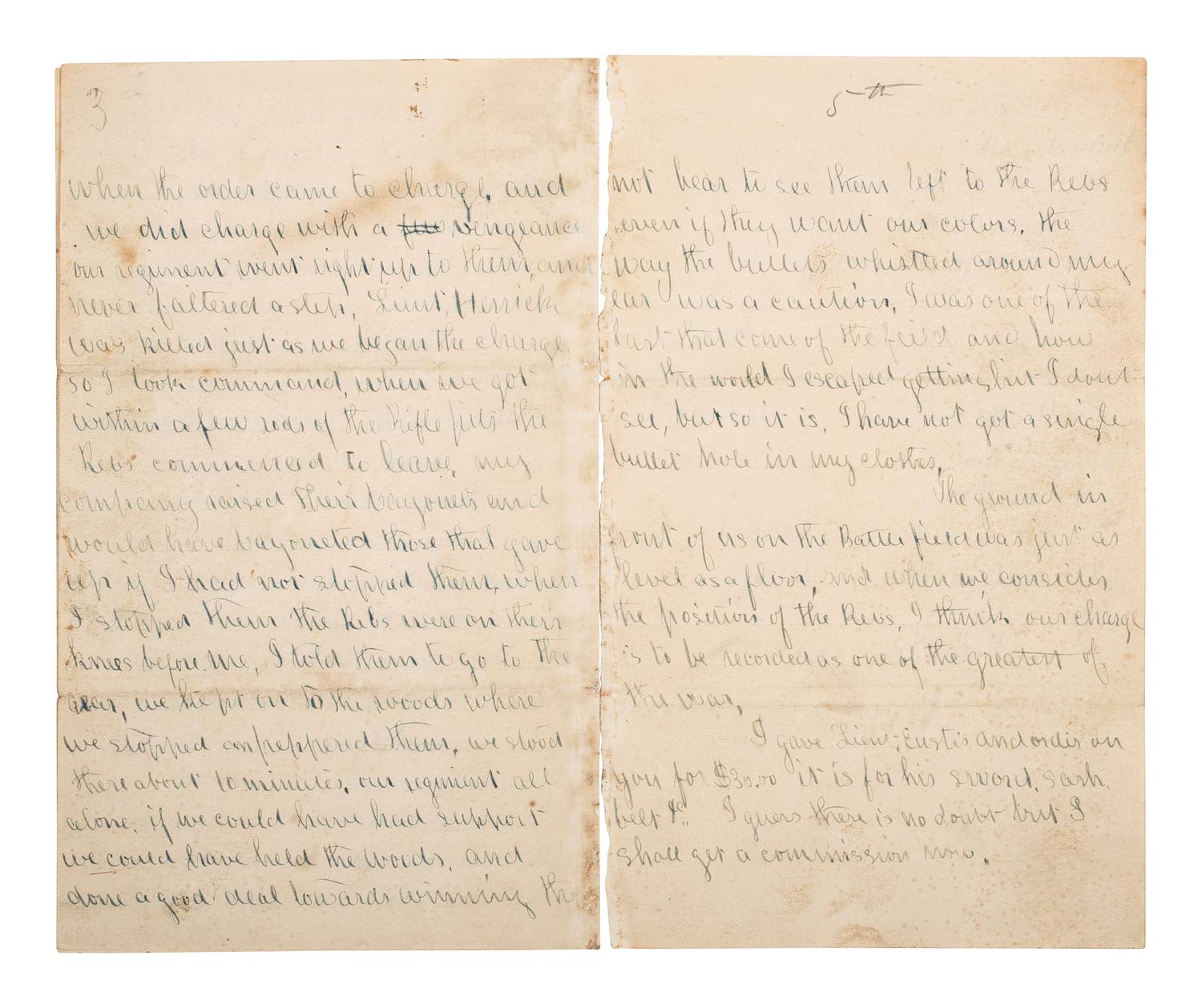 [CIVIL WAR]. Battle of Fredericksburg letter with sketched map of battle lines by Sgt. William H. Broughton, 16th Maine Infantry Regiment, POW at Weldon Railroad. "Camp on the Battle Field," 14 December 1862.