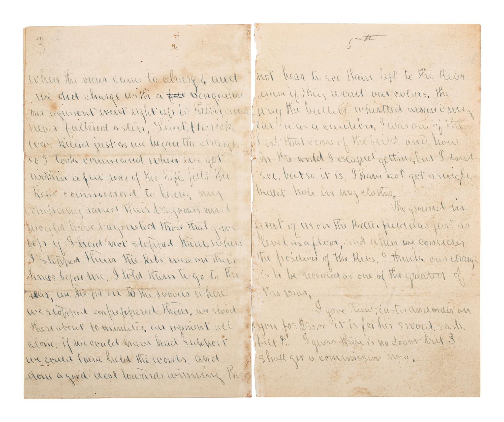 [CIVIL WAR]. Battle of Fredericksburg letter with sketched map of battle lines by Sgt. William H. Broughton, 16th Maine Infantry Regiment, POW at Weldon Railroad. "Camp on the Battle Field," 14 December 1862.