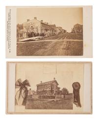 [LINCOLN, Abraham (1809-1865)]. Pair of CDVs featuring mourners outside of the Lincolns' first and last residences in Springfield, IL.