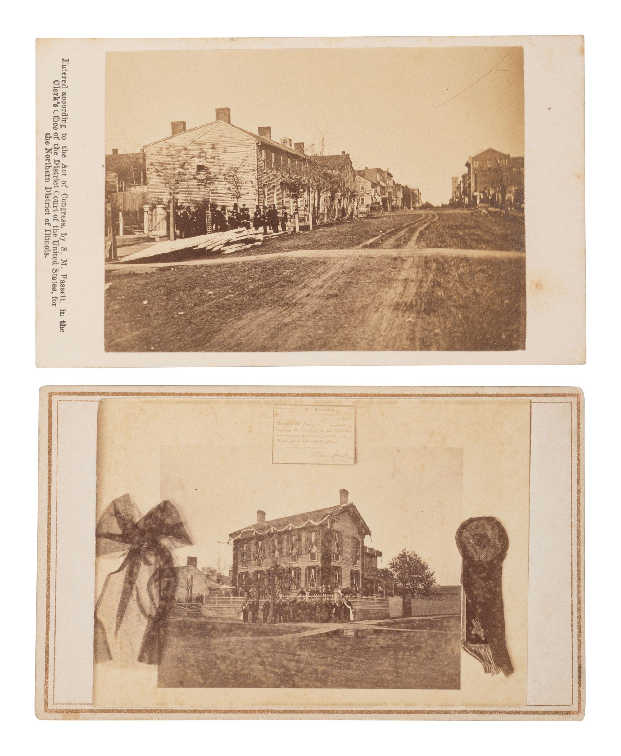 [LINCOLN, Abraham (1809-1865)]. Pair of CDVs featuring mourners outside of the Lincolns' first and last residences in Springfield, IL.