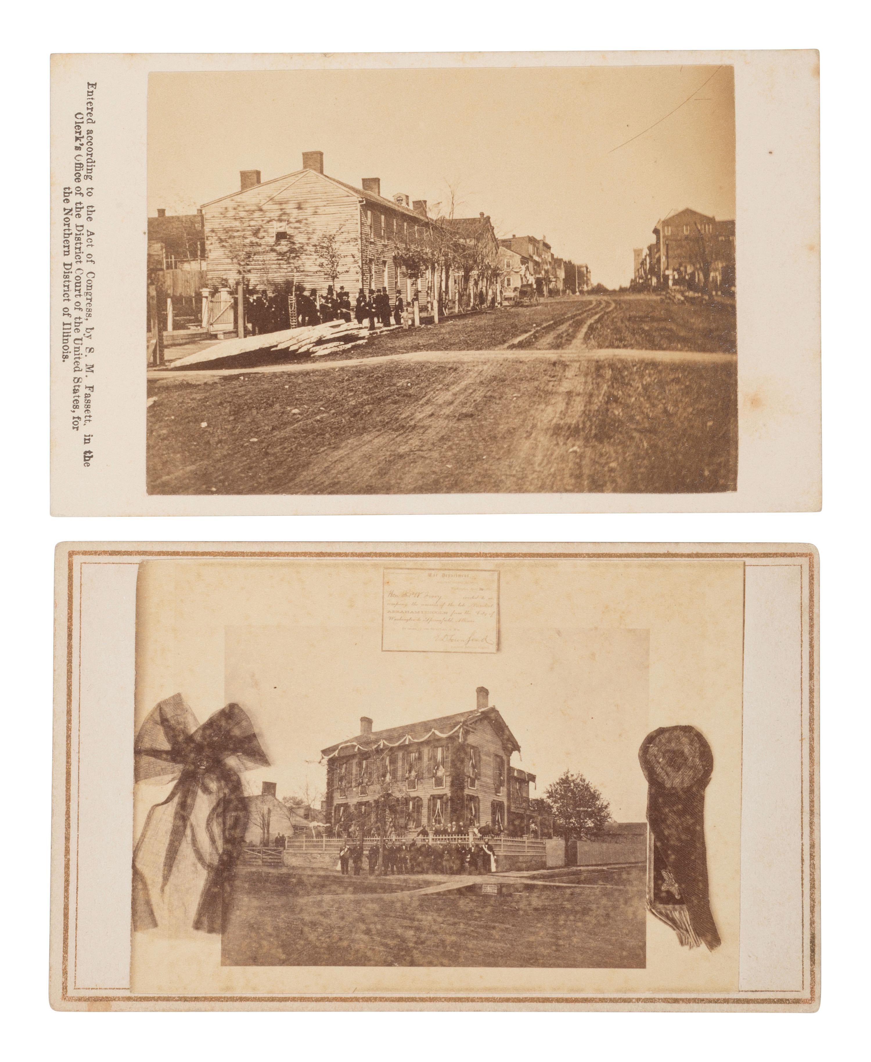 [LINCOLN, Abraham (1809-1865)]. Pair of CDVs featuring mourners outside of the Lincolns' first and last residences in Springfield, IL.