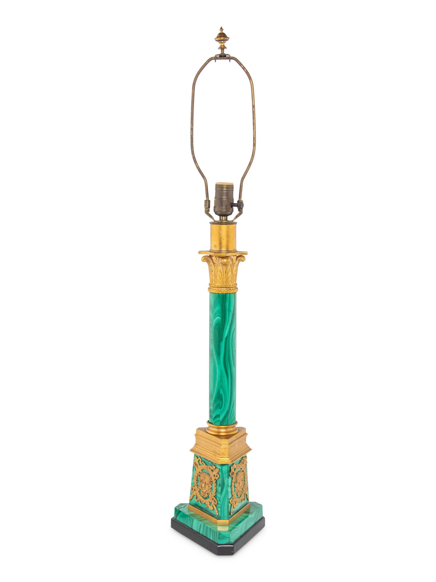 An Empire Style Gilt Bronze Mounted Malachite Table Lamp