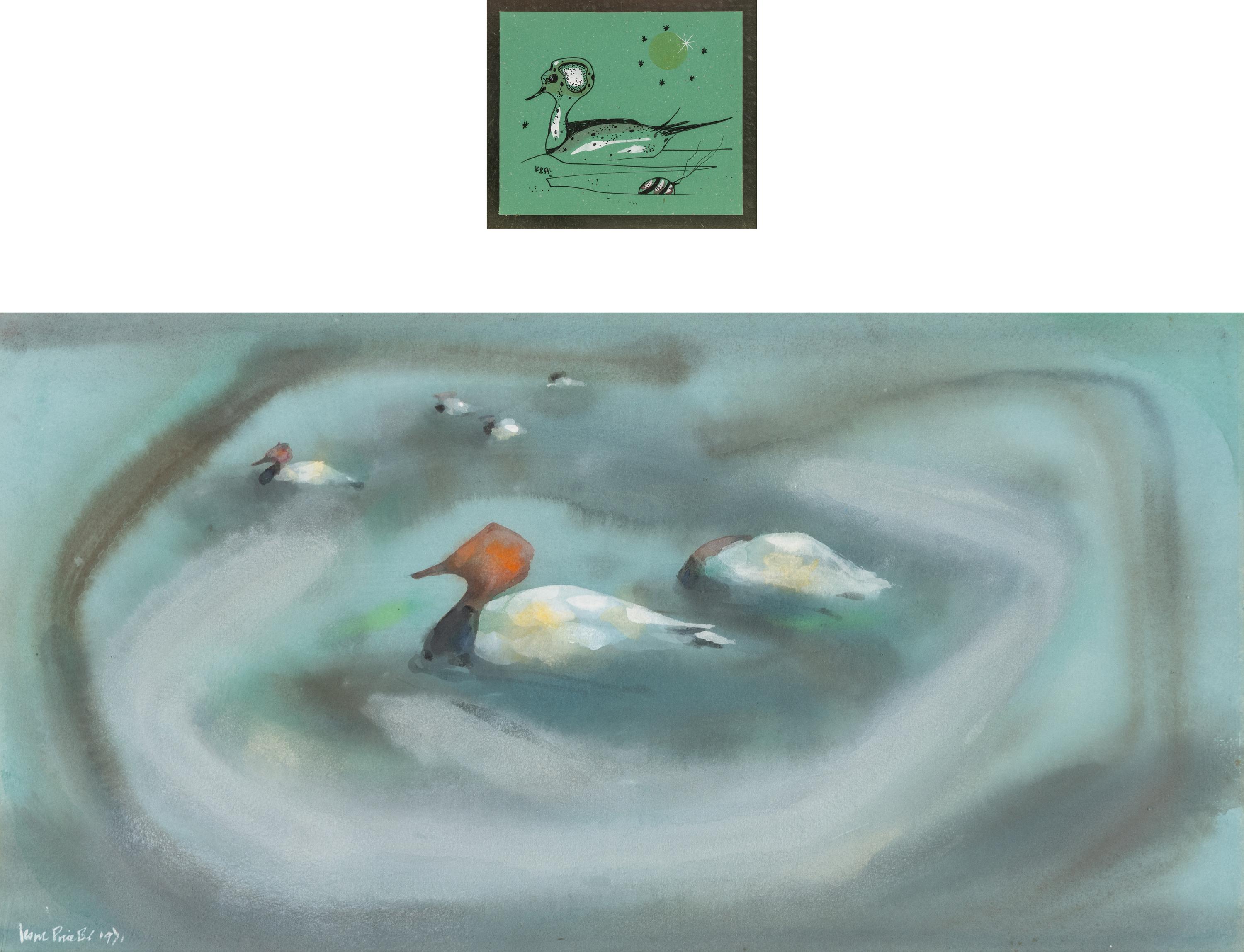 Karl Priebe (American, 1914-1976) — Untitled (Hooded Duck), 1954 and Untitled (Ducks), 1971 (a pair of works)