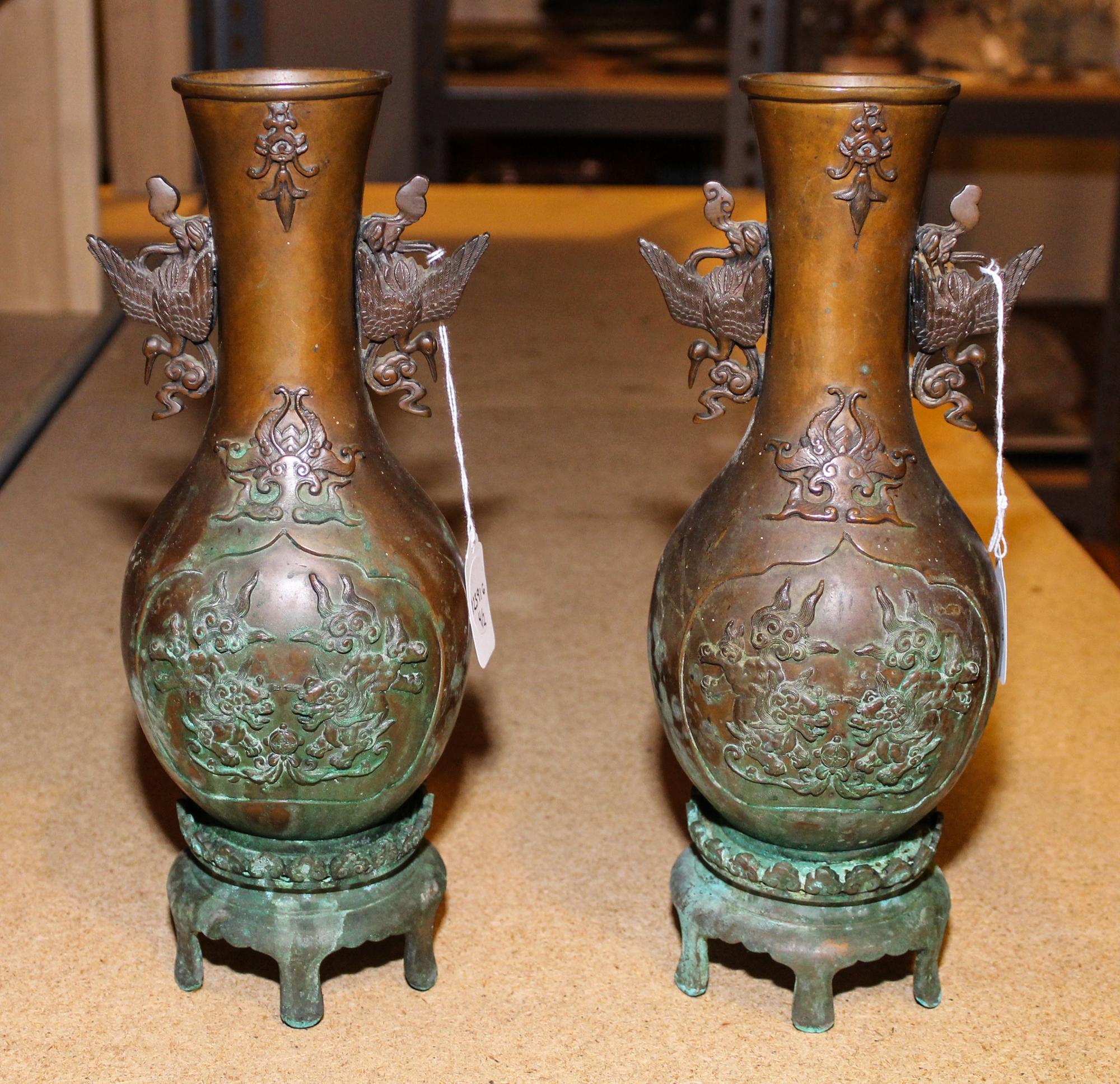 A Pair of Japanese Bronze Vessels. Height of each 11 1/2 inches.