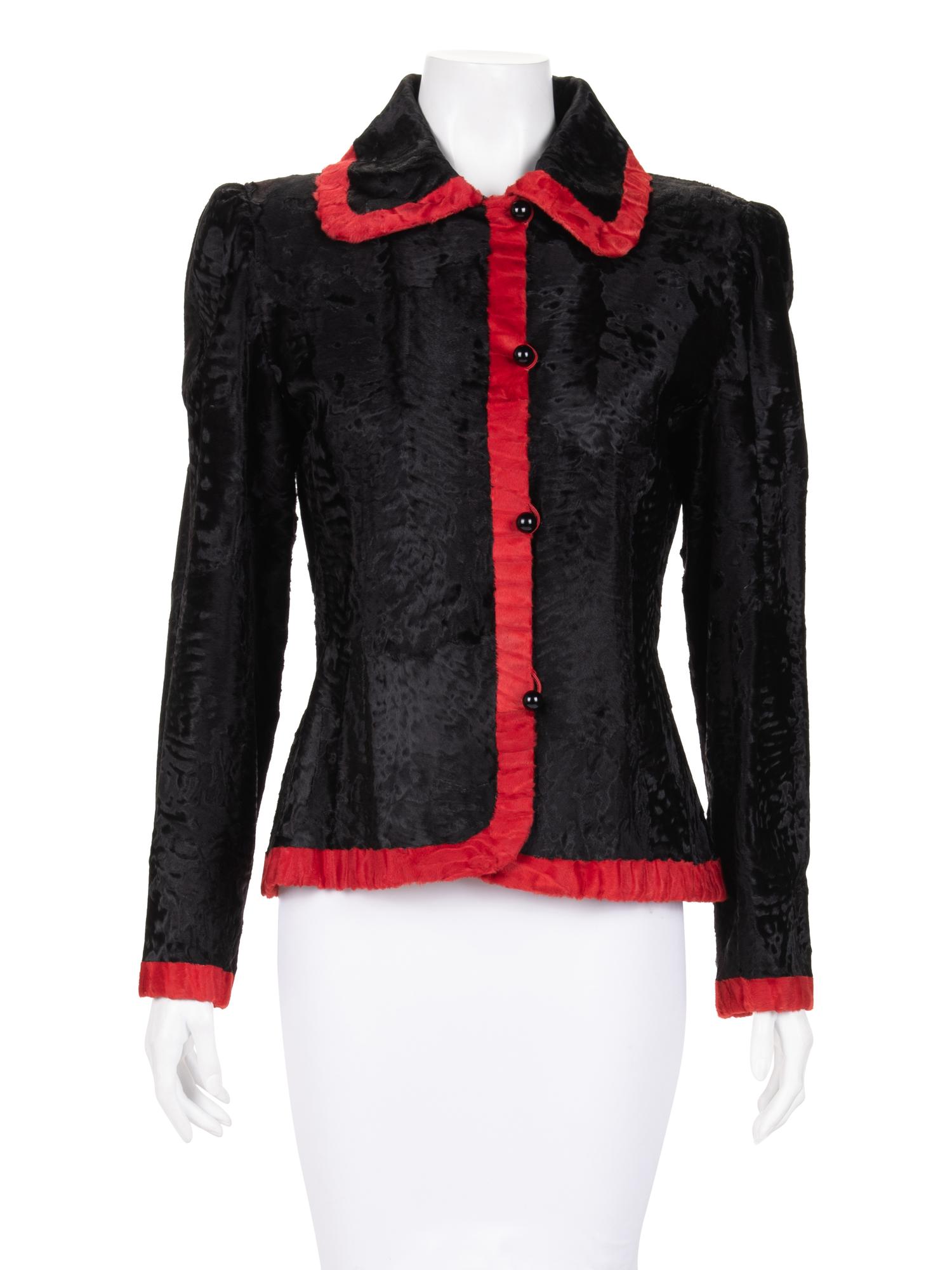 Givenchy Broadtail Fur Jacket with Red Trim, 1980-90s