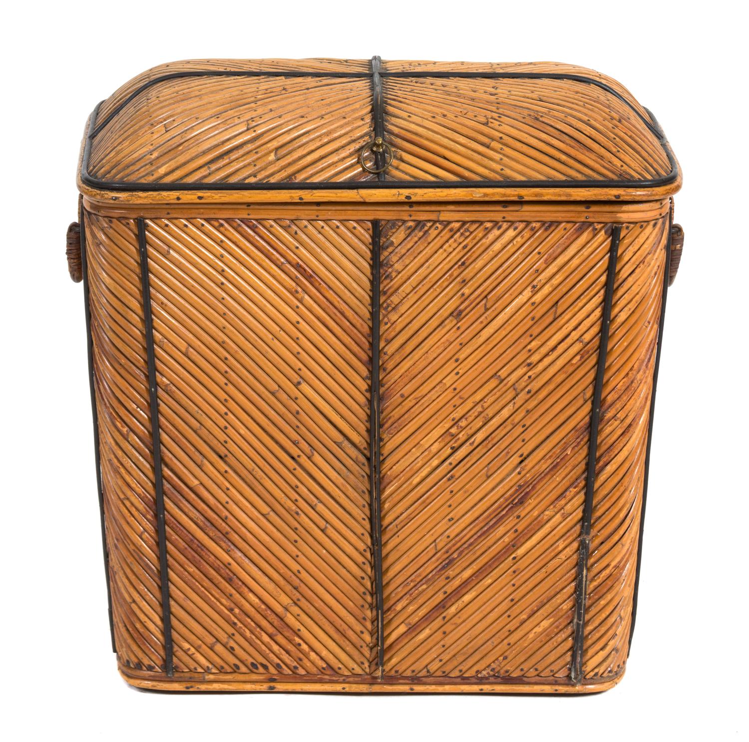 A Bamboo Faced Wood Hinged Top Hamper Height 21 x width 21 x depth 13 inches. — 20TH CENTURY