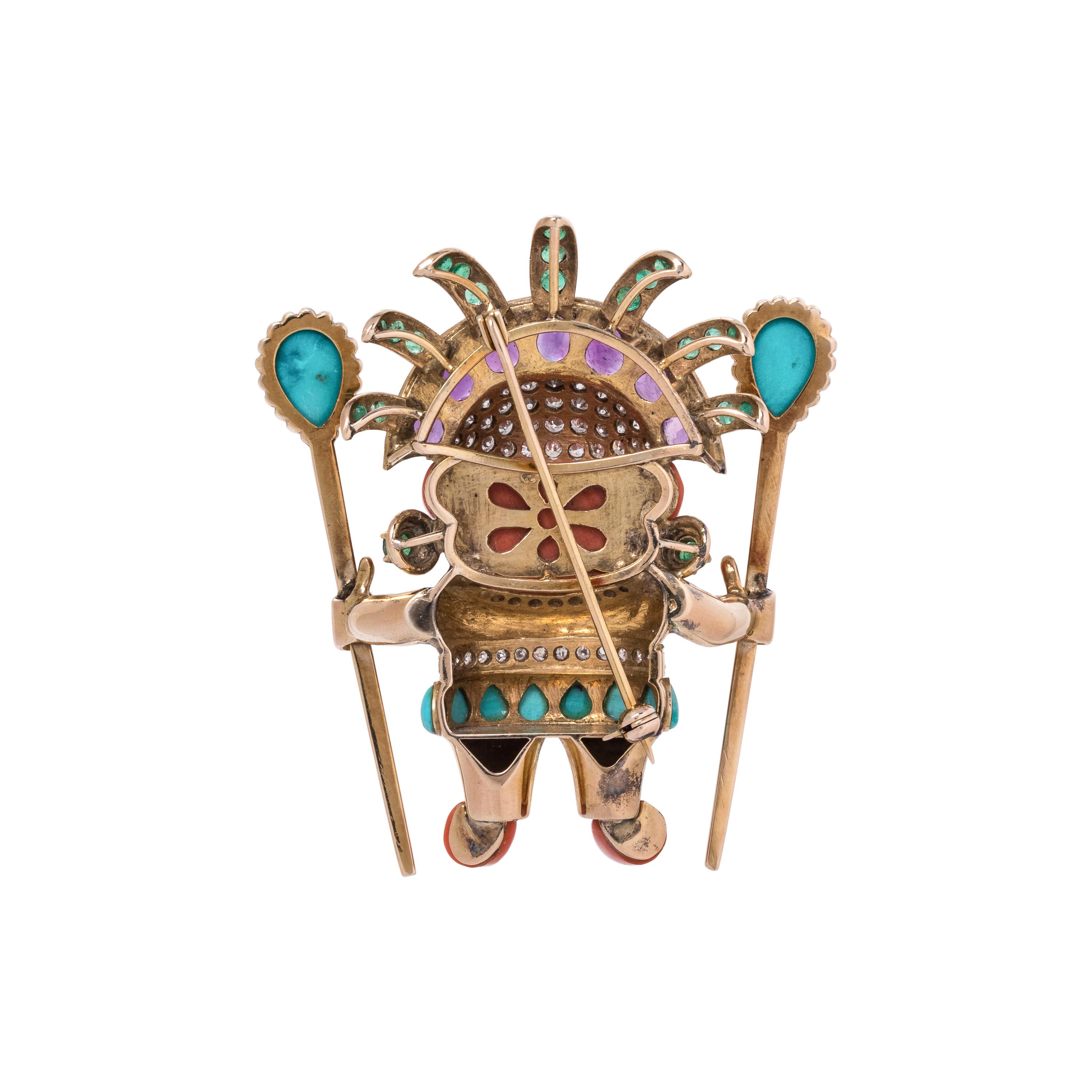 YELLOW GOLD, MULTIGEM AND DIAMOND WARRIOR BROOCH