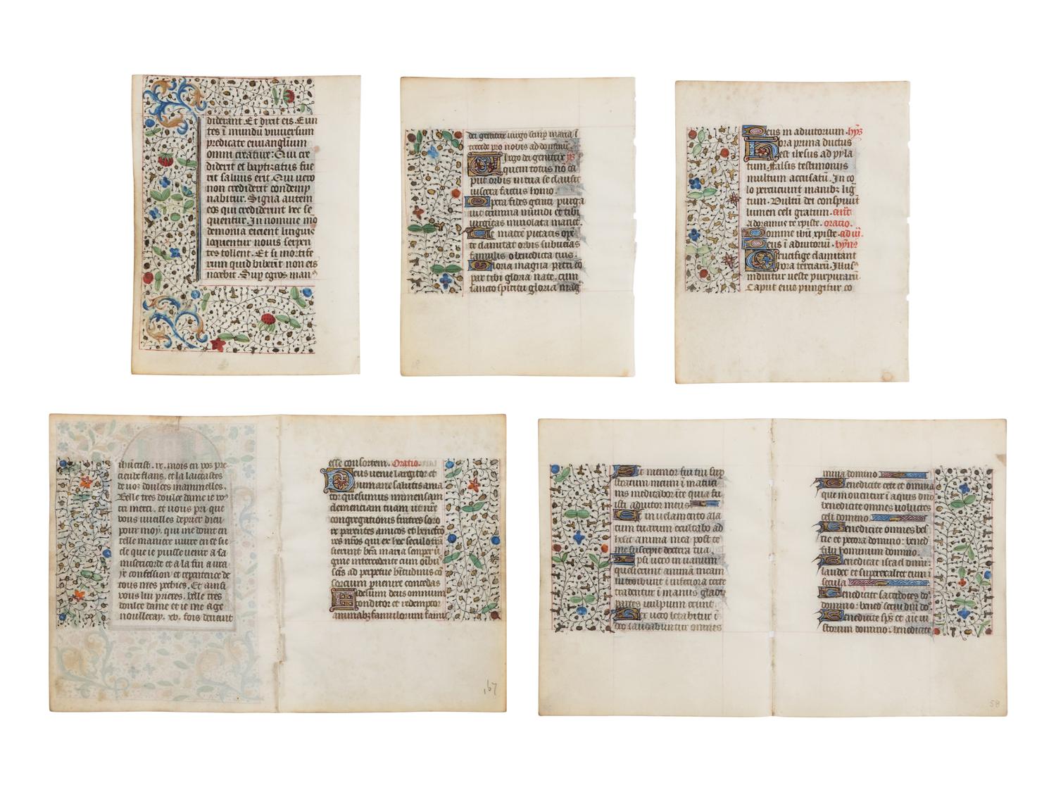 FOLLOWER OF THE MASTER OF JEAN ROLIN II (active Paris, c. 1445–1465) Two bifolios and three leaves from a Book of Hours, with miniatures of Saint Mark and the Virgin and Christ Child Enthroned, in Latin and French, illuminated manuscript on parchment [France, Paris, c. 1450–1470]